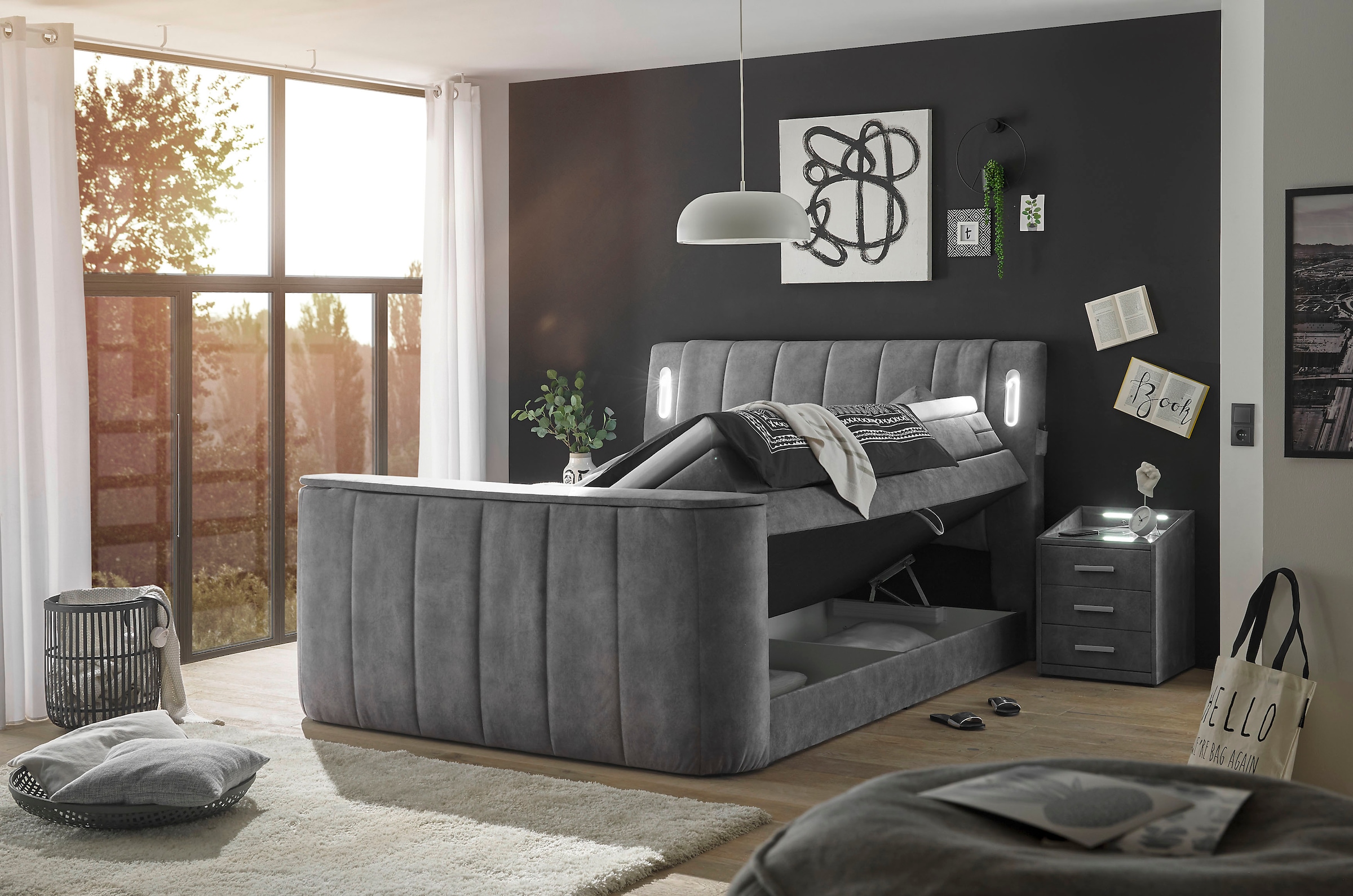 ED EXCITING DESIGN Boxspringbett »Dallas«,  inkl. Topper, LED-Beleuchtung, TV Halterung (bis 40 Zoll) und 2 Bettkästen