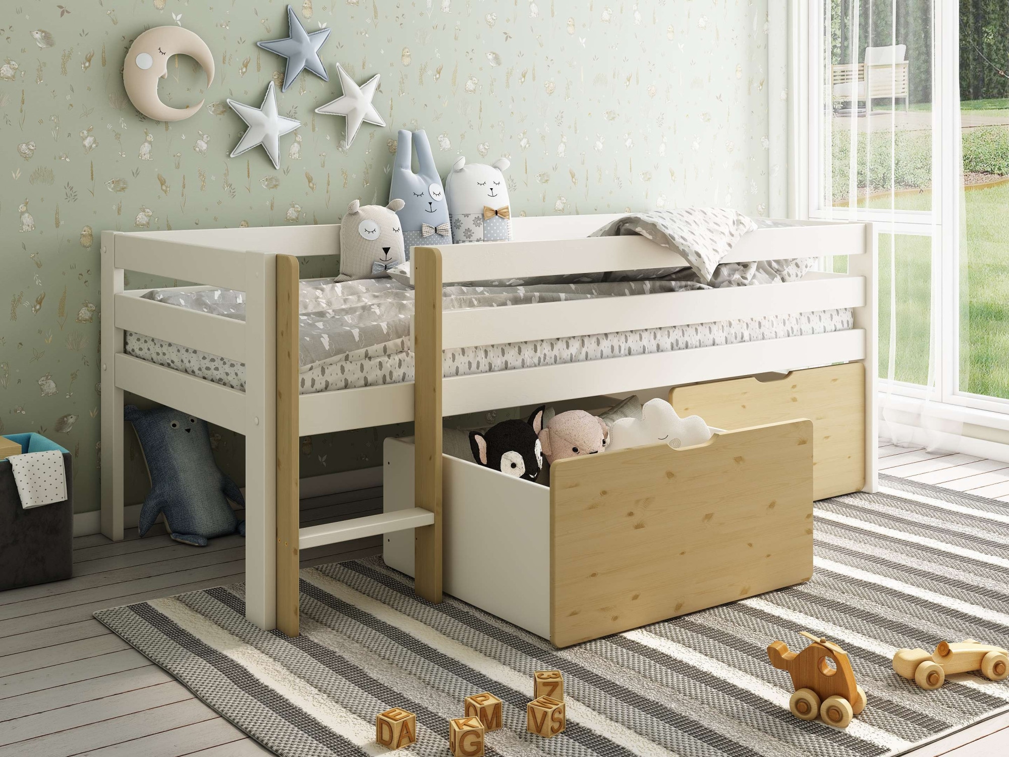 OTTO home Kinderbett »Tide, maximaler Stauraum durch Schubkästen, Massivholz« Kinderbett inklusive Lattenrost und 2 Bettkästen, 4 tlg. Hochbett mit Rausfallschutz, Made in EU