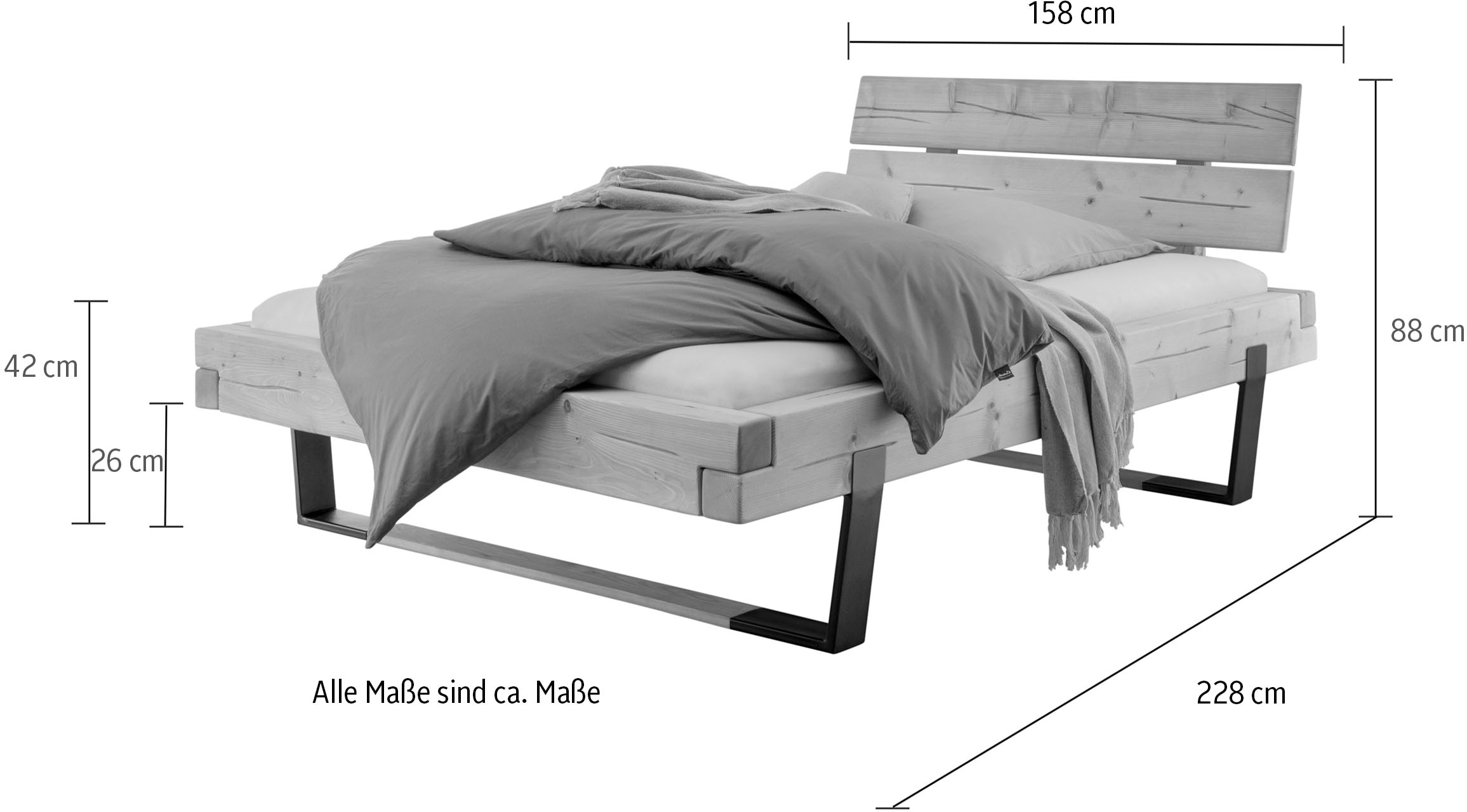 Home affaire Massivholzbett »Ultima Balkenbett Doppelbett, Füße Metallkufe mit Holzelement«, (hohe Belastbarkeit: 200kg je Seite), FSC®-zertifizierte Wildeiche oder Fichte, viele Breiten zur Auswahl