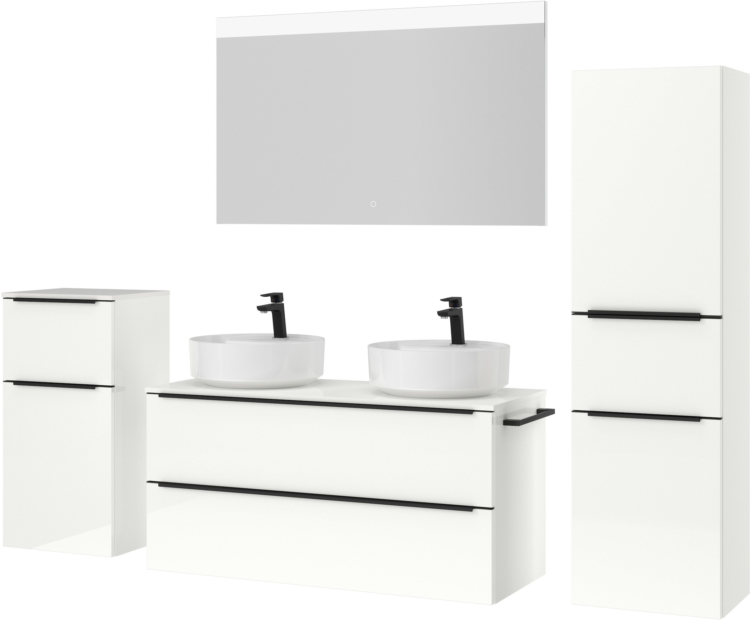 nobilia® Badmöbel-Set »Alvene«, (4 St., vormontiert, mit Soft-Close), Hochglanz, inkl. Spiegel mit Touch-Sensor, in vier Breiten