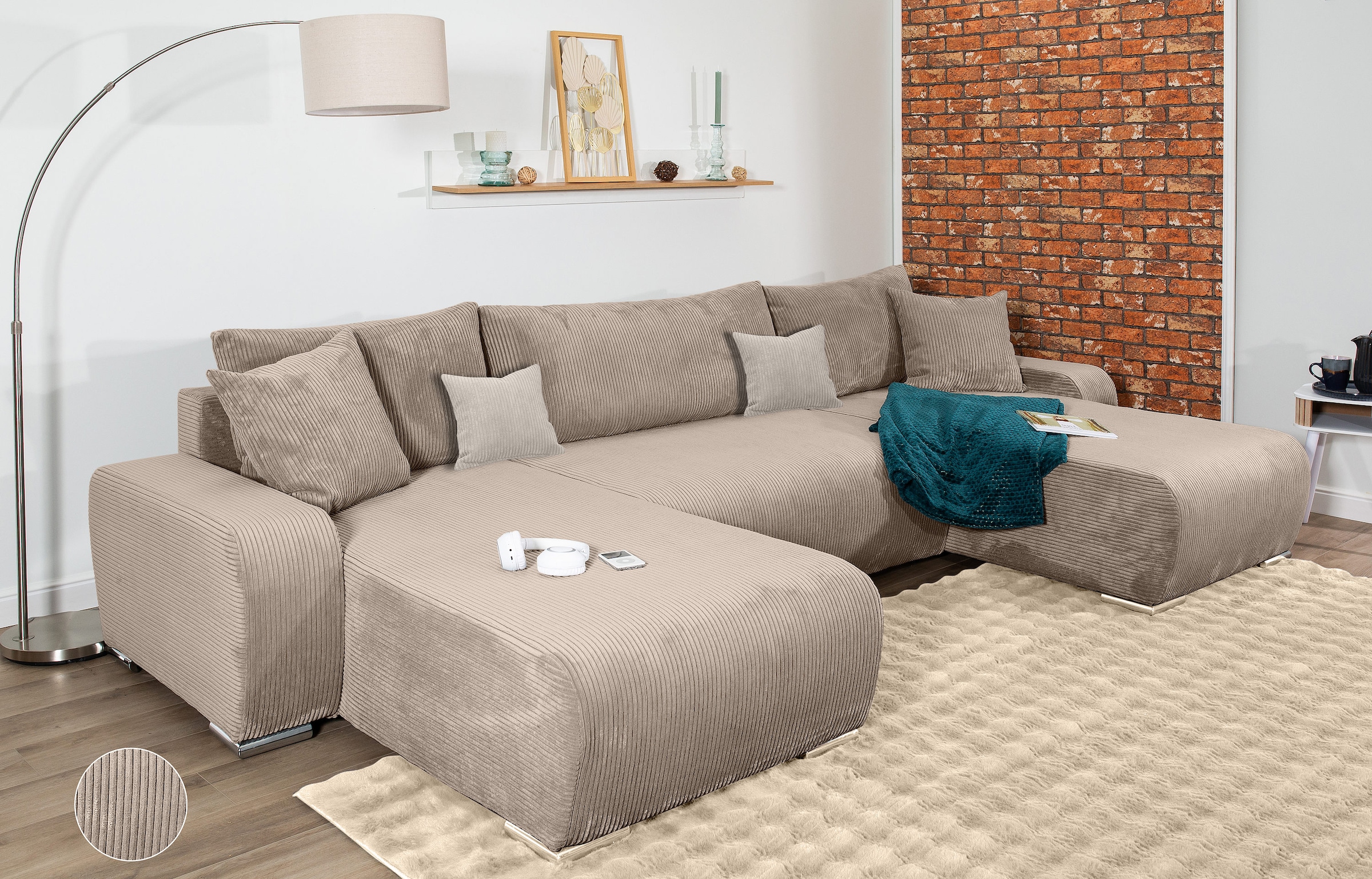 COLLECTION AB Wohnlandschaft »Paola U-Form«, mit Schlaffunktion, Stauraum, Zierkissen und Bonnellfederkern, Cord