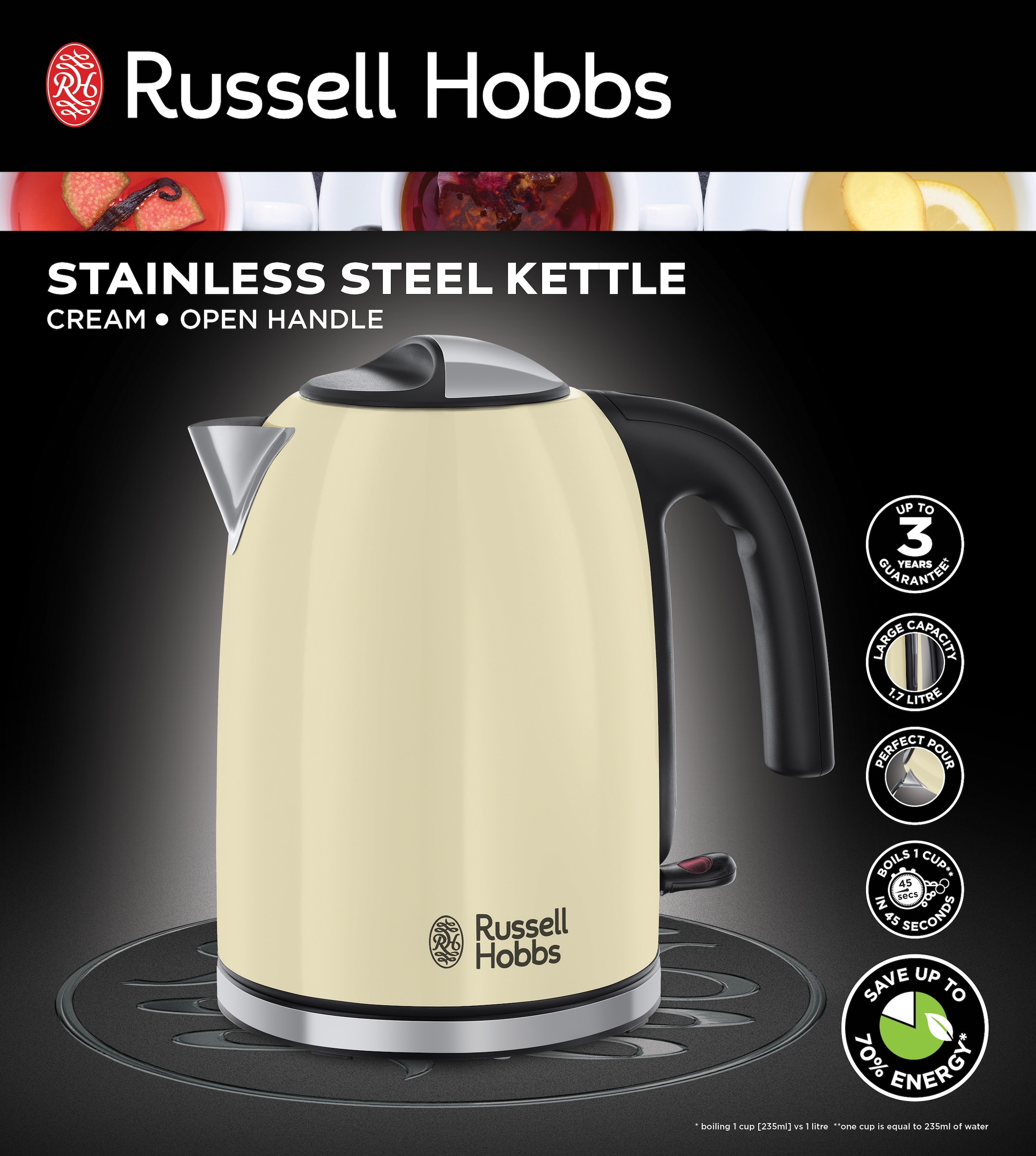 RUSSELL HOBBS Wasserkocher »Colours+ 20415-70«, 1,7 l, 2400 W, Edelstahl Creme, herausnehmbarer Kalkfilter, optimierte Ausgusstülle