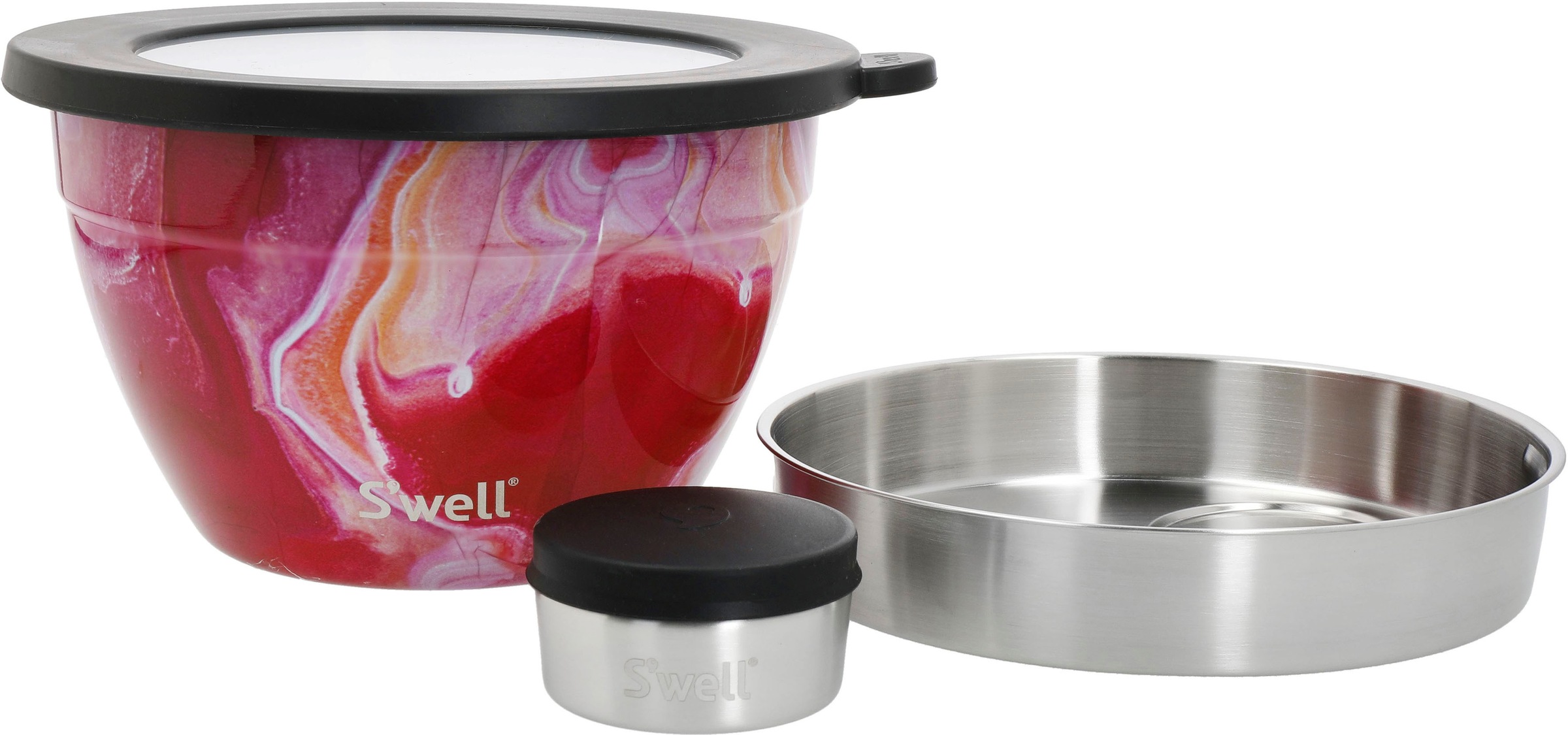 S'well Salatschüssel »S'well Calacatta Gold Salad Bowl Kit, 1.9L«, 3 tlg., aus Edelstahl, Therma-S'well®-Technologie mit vakuumisolierten Außenschale