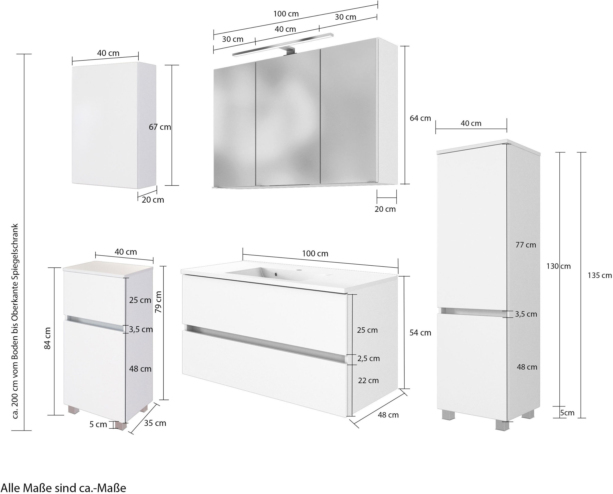 welltime Badmöbel-Set »Welltime Möbel Baabe Waschtisch-Set 3tlg. oder 5tlg.«, (5 St.), gedämpfte Scharniere und Softclose-Funktion, inklusive LED-Beleuchtung