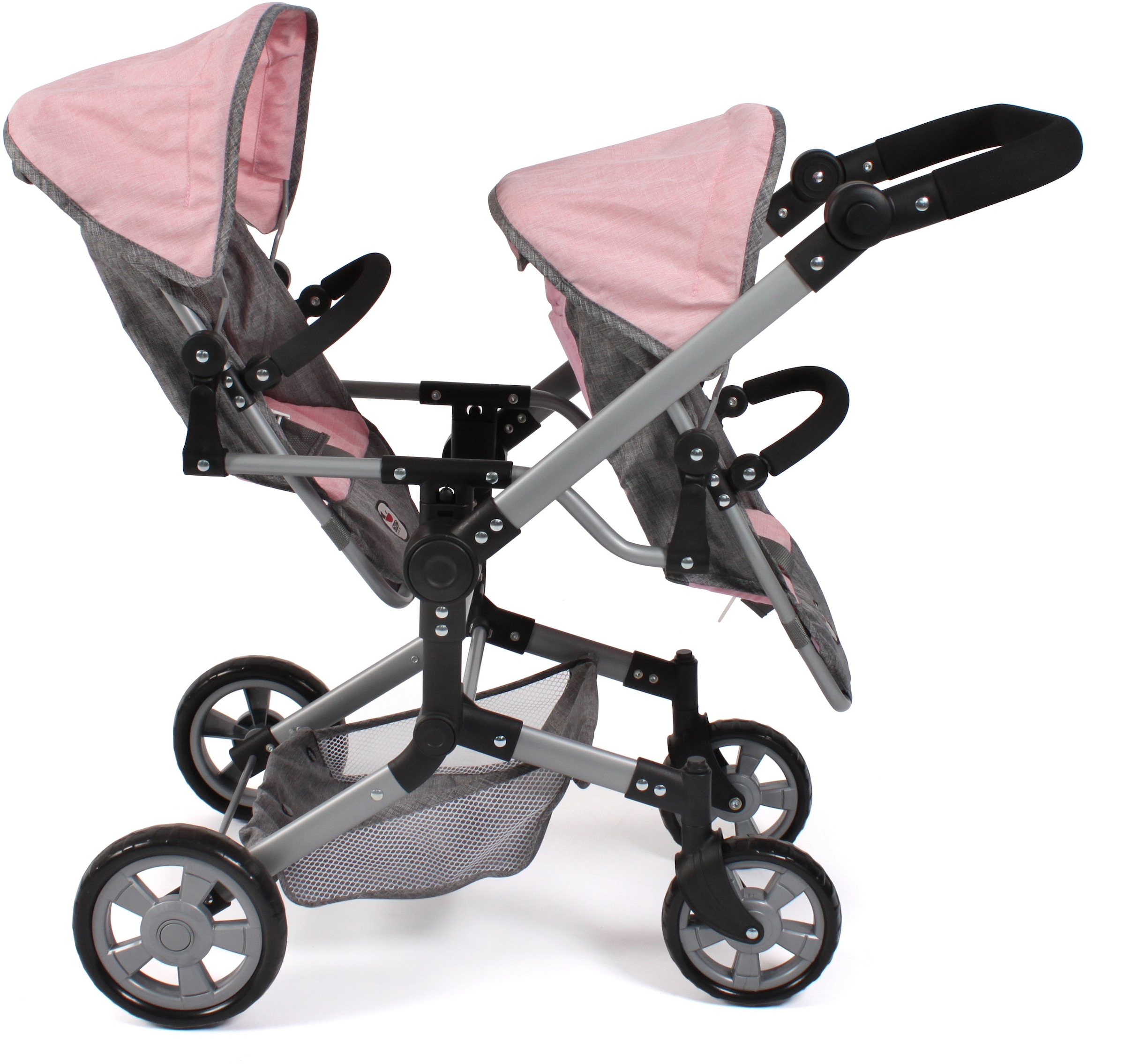 CHIC2000 Puppen-Zwillingsbuggy »Linus Duo, Grau-Rosa«, mit zwei abnehmbaren, bis in Liegeposition verstellbaren Sportsitzen