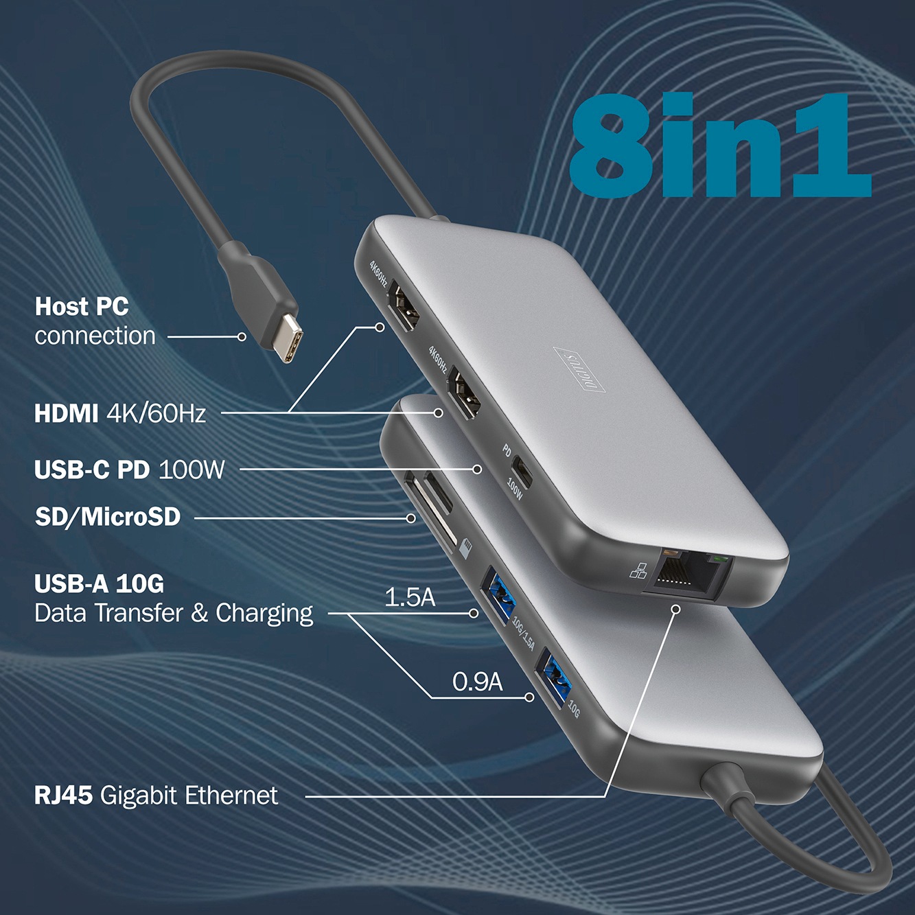 Digitus Laptop-Dockingstation »USB-C Docking Station, 8-Port, HDMI, USB, RJ45, SD«