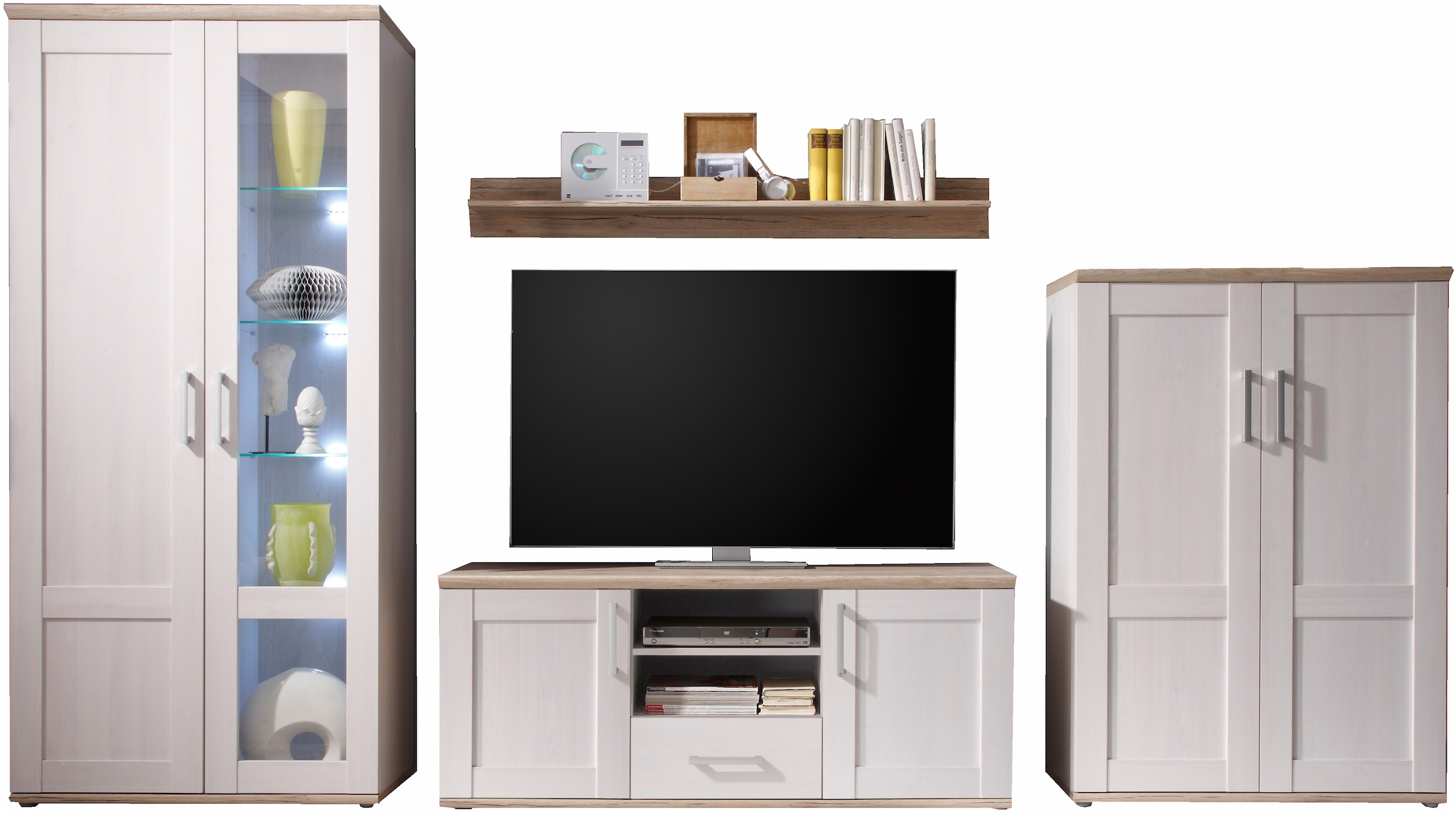 HBZ Wohnwand »Romance Landhaustil inkl. LED-Beleuchtung,BxHxT 329x200x50 cm«, (Set, 4 St.), Mit Vitrine inkl.LED-Beleuchtung, Lowboard, Wandboard, Highboard