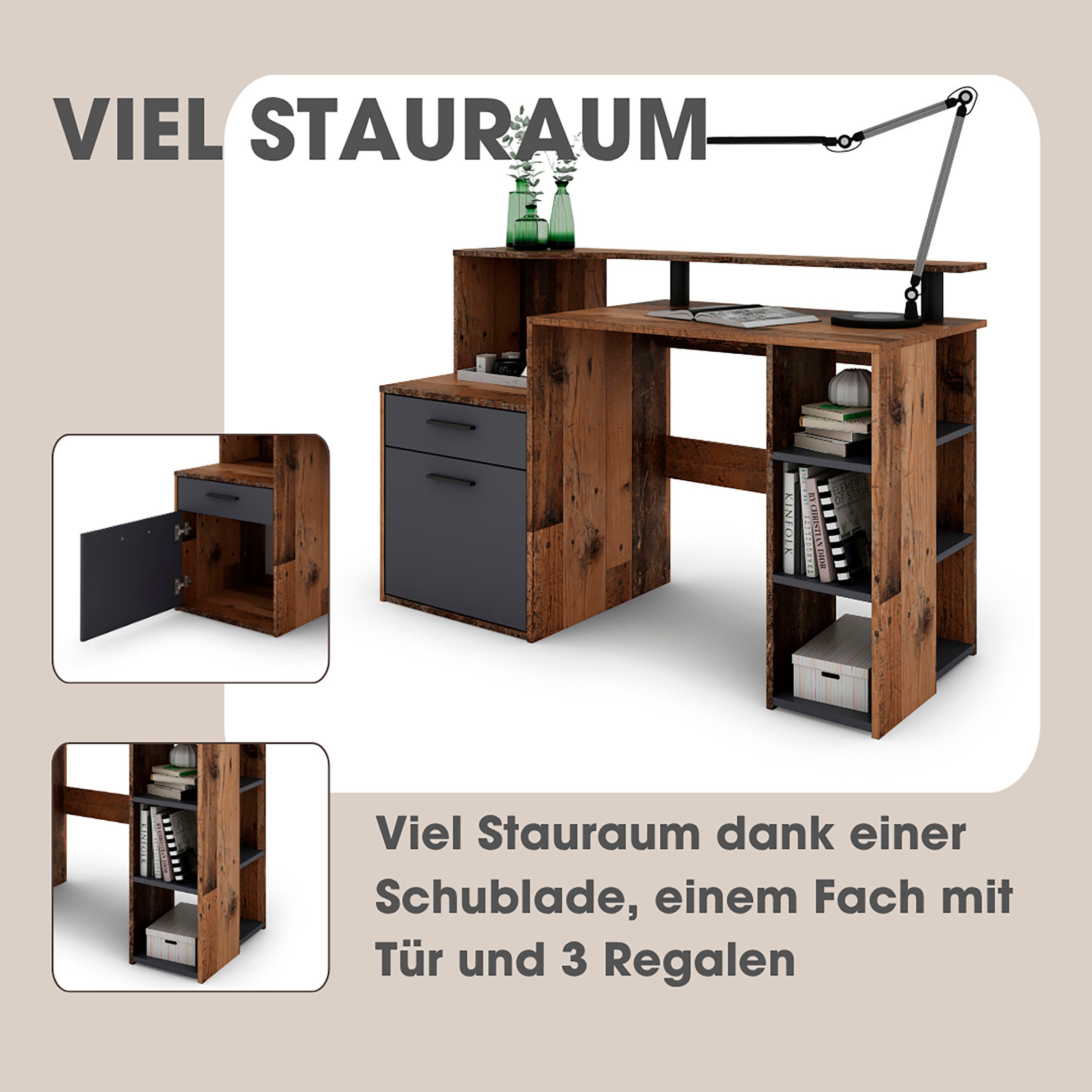 byLIVING Schreibtisch »Louise«, Breite 140 cm, Regal-Schreibtisch mit viel Stauraum