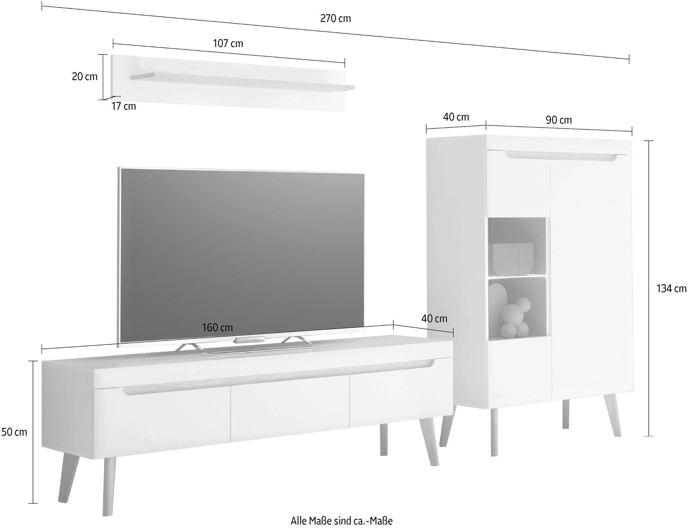 INOSIGN Wohnwand »Torge, Anbauwand, Schrankwand, Mediawand, Wohnzimmer-Set«, (Set, 3 St.), enthält 1 Vitrine, 1 Lowboard + 1 Wandboard, 270 cm breit