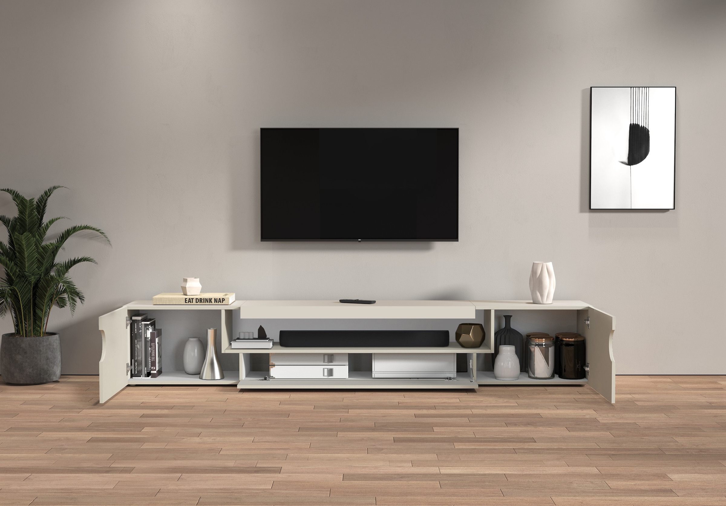 Home affaire Lowboard »REAL TV-Möbel, 240 cm breit, 40/60 cm hoch, Hochglanz oder matt« mit 2 abgerundeten Türen, 1 Klappe, die ein ovales offenes Fach bilden