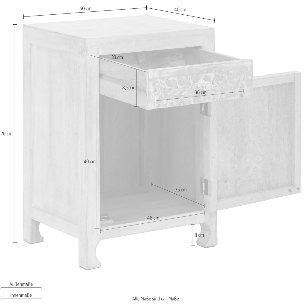 Home affaire Nachtkommode »Bonstetten«, pflegeleichtes Mangoholz, mit dekorativen Schnitzereien, Breite 50 cm