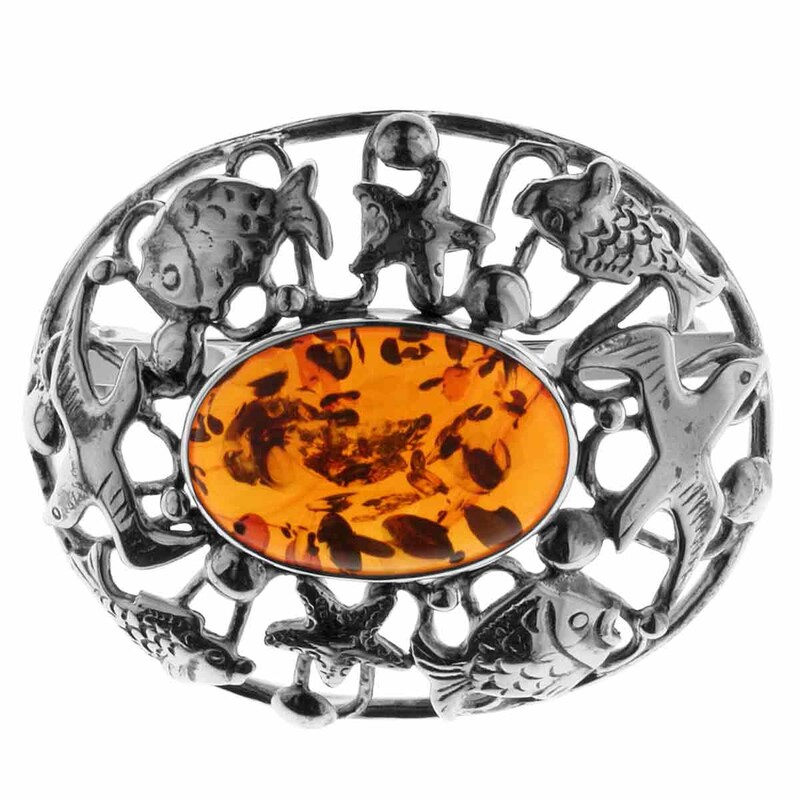 OSTSEE-SCHMUCK Brosche »Brosche Fischland 43x35 mm« () 43 x 35 mm Silberbrosche mit Bernstein - Fischlandmotiv