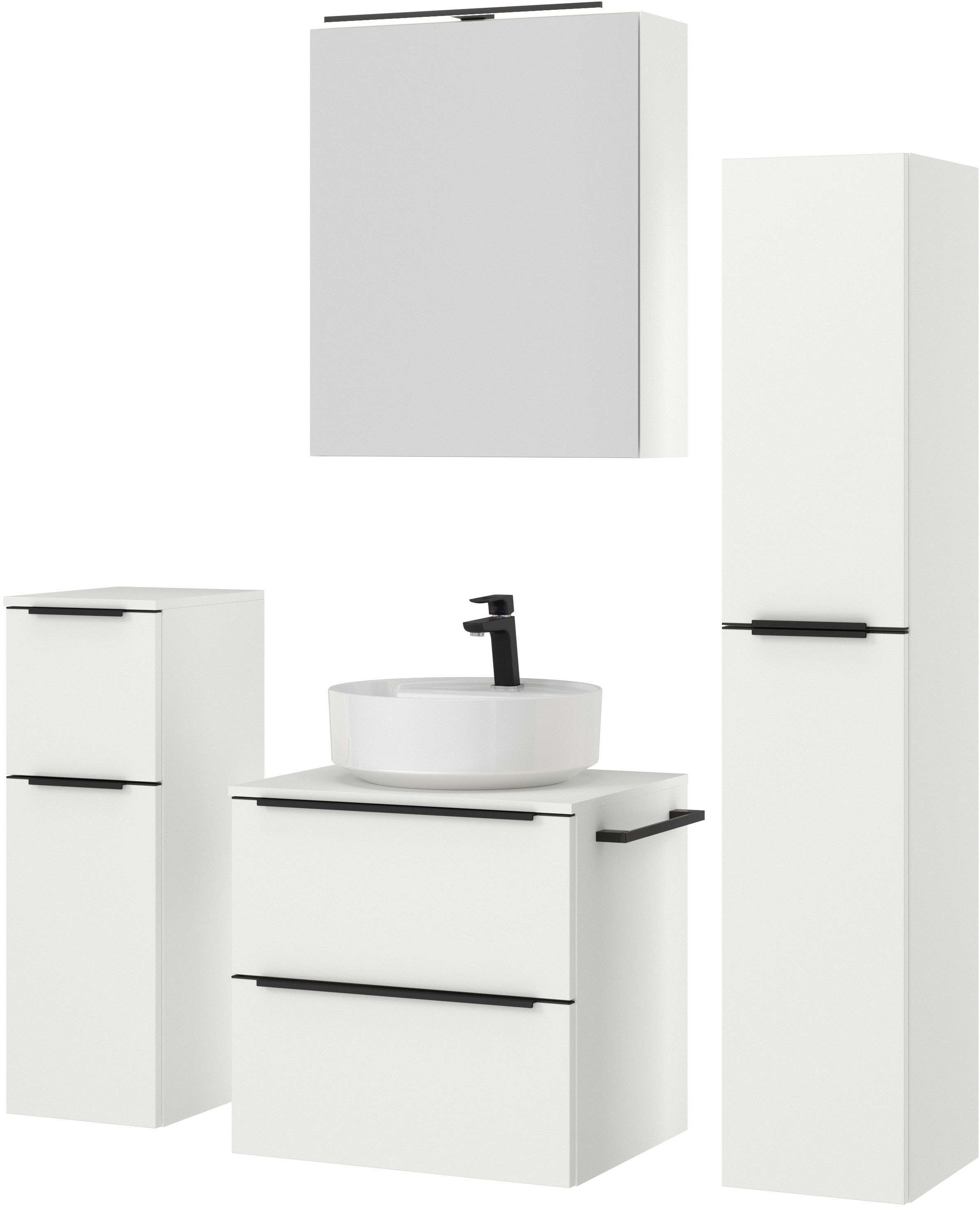 nobilia® Badmöbel-Set »Alvene«, (4 St., vormontiert, mit Soft-Close), inkl. Spiegelschrank mit Beleuchtung und Dimmerfunktion, in 4 Breiten