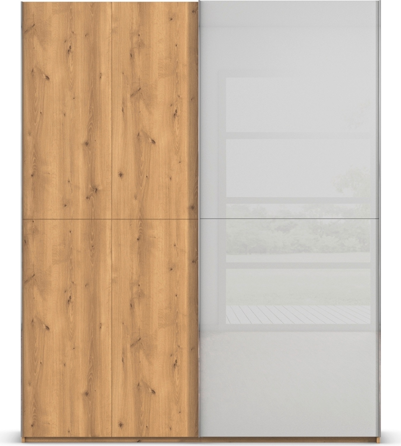rauch Schwebetürenschrank »Kleiderschrank Schrank Garderobe Schlafzimmerschrank SCALE-WOOD«, edle geteilte Front in massiver Asteiche mit Glastüren MADE IN GERMANY
