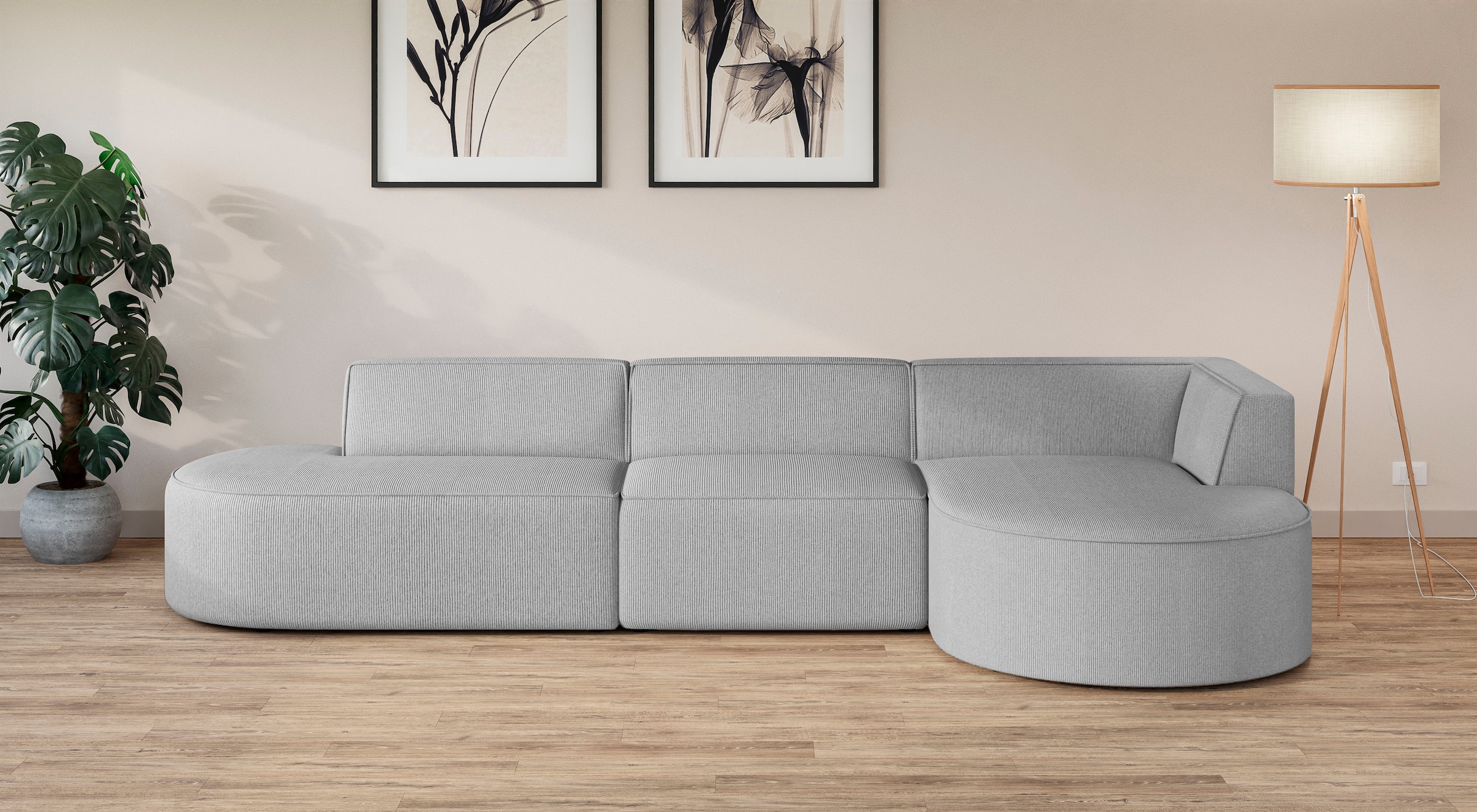 andas Ecksofa »EIVIND Designer Sofa mit Ottomane rechts/links, B/T/H: 343/159/72 cm«, L-Form mit Wellenunterfederung, auch in Feincord und Bouclé