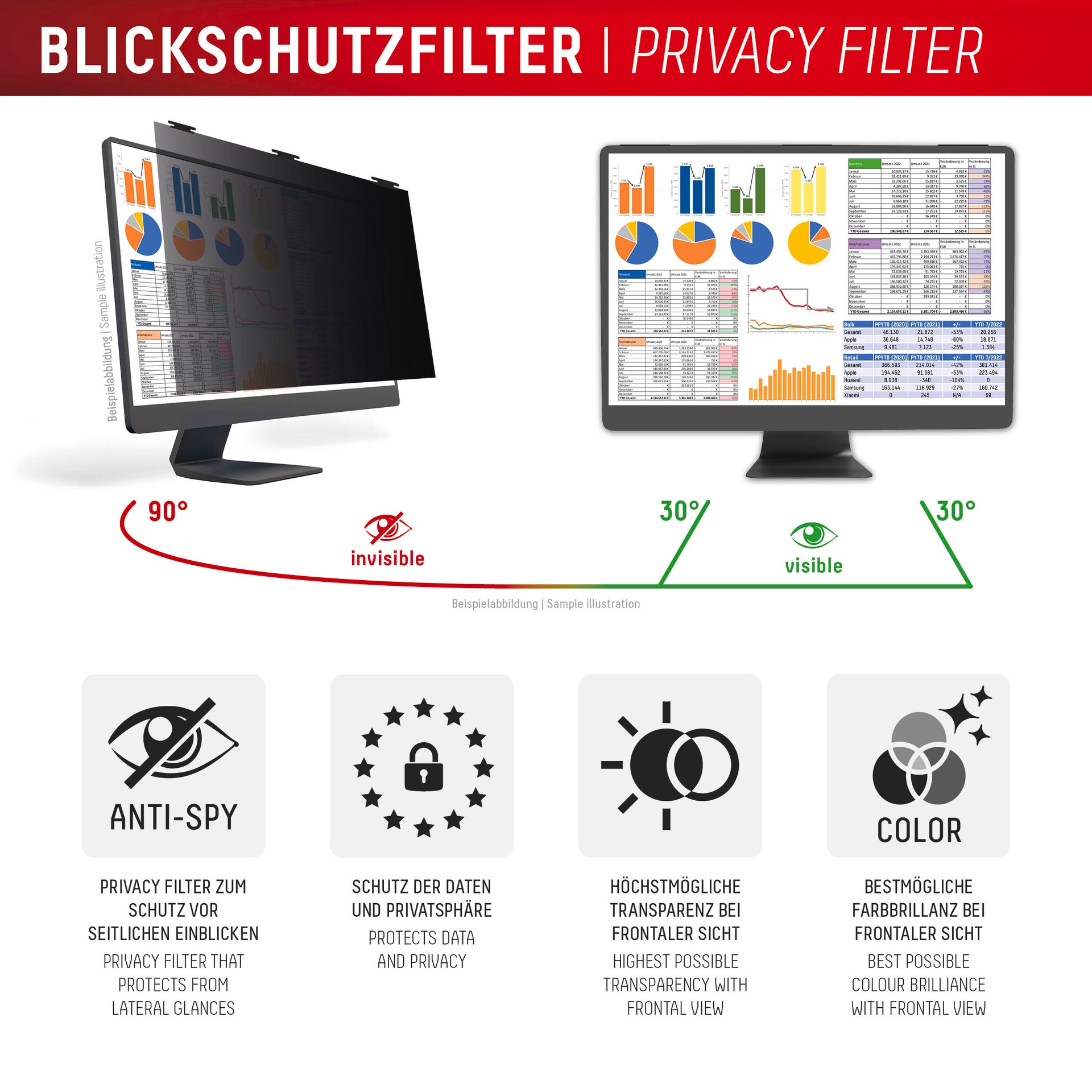 Displex Displayschutzfolie »Privacy Safe Blickschutzfilter«, für Universell für Monitore mit 22 (16:10), Blickschutzfolie, Schutzfolie, Bildschirmschutz, kratz- & stoßfest