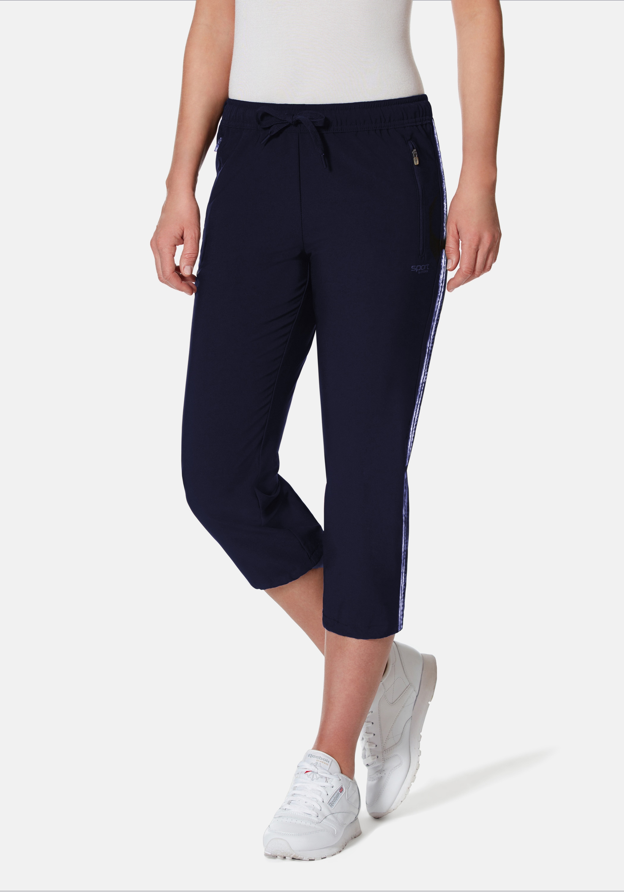 Sporthose Sport Bermuda Stripe 7/8 Sporthose, Regular Fit Sport Synthetik für Damen, Gr. 36/38, navy