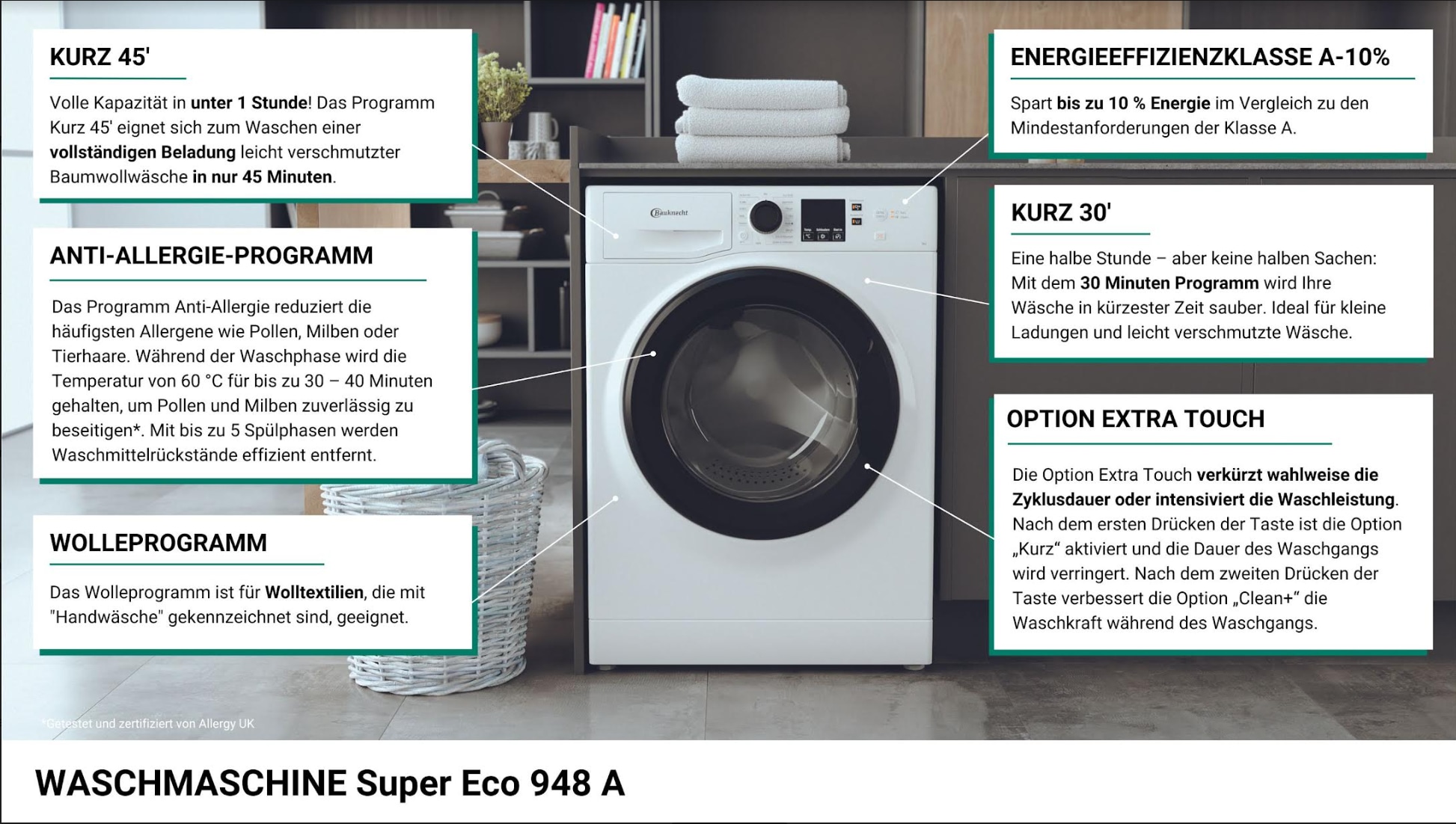 BAUKNECHT Waschmaschine »Super Eco 948 A«, 9 kg, 1400 U/min, 4 Jahre Herstellergarantie