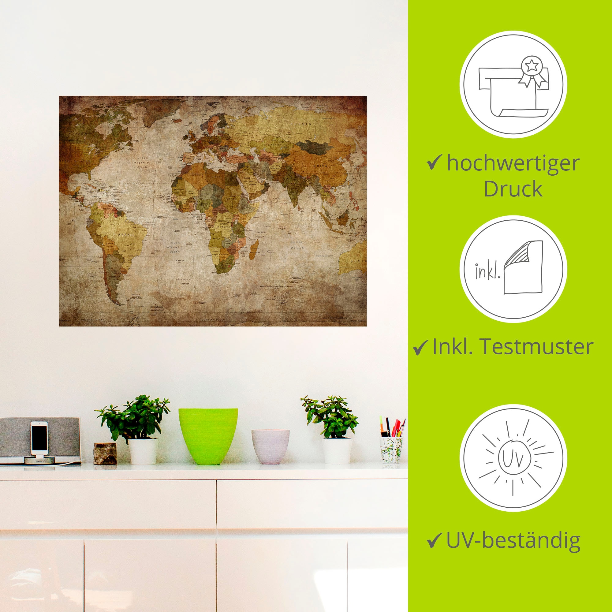 Artland Wandbild »Weltkarte«, Landkarten, (1 St.), als Alubild, Outdoorbild, Leinwandbild, Poster, Wandaufkleber
