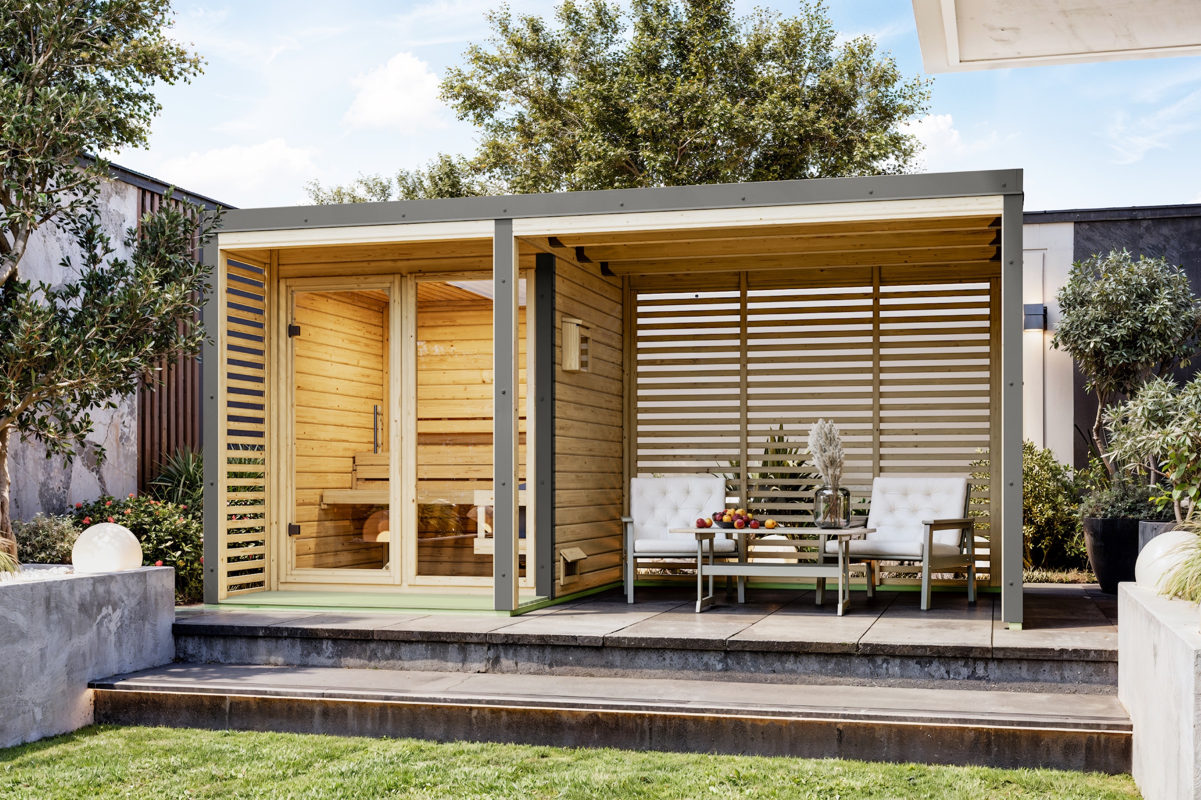 Karibu Anbaudach »für Saunahaus "Adrian" 2,76m inkl. Lamellenwänden« naturbelassen-graualuminium