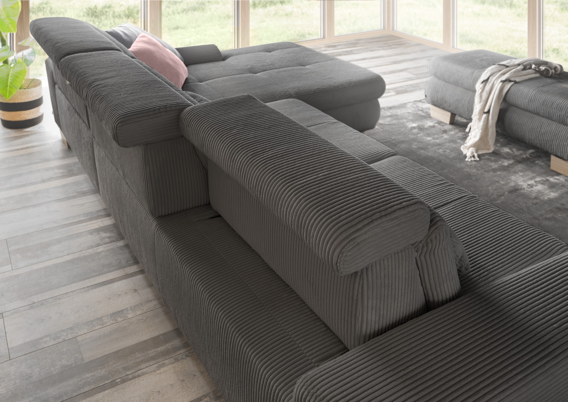 set one by Musterring Ecksofa »SO 3400 Sitzhöhe 47cm oder 49cm, Sitztiefe verstellbar, B/T: 307/195cm«, Kopteil verstellbar, mit Bettfunktion, in Cord, anthrazit, Sitzhöhe 47
