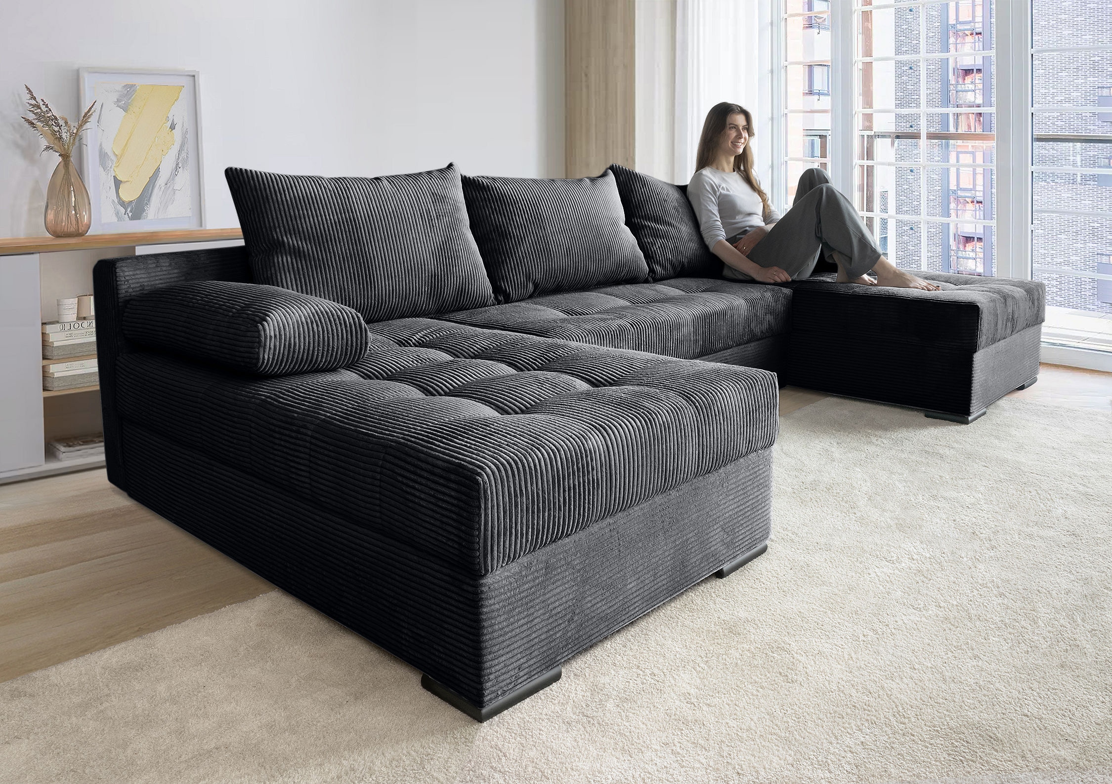 COLLECTION AB Wohnlandschaft »Josy U-Form, Breite 269 cm, Flachgewebe, Struktur, Cord & Cord/Mix«, (Cord-/Mix), inkl. Bettfunktion, Bettkasten, mit 3 gleich großen Rückenkissen