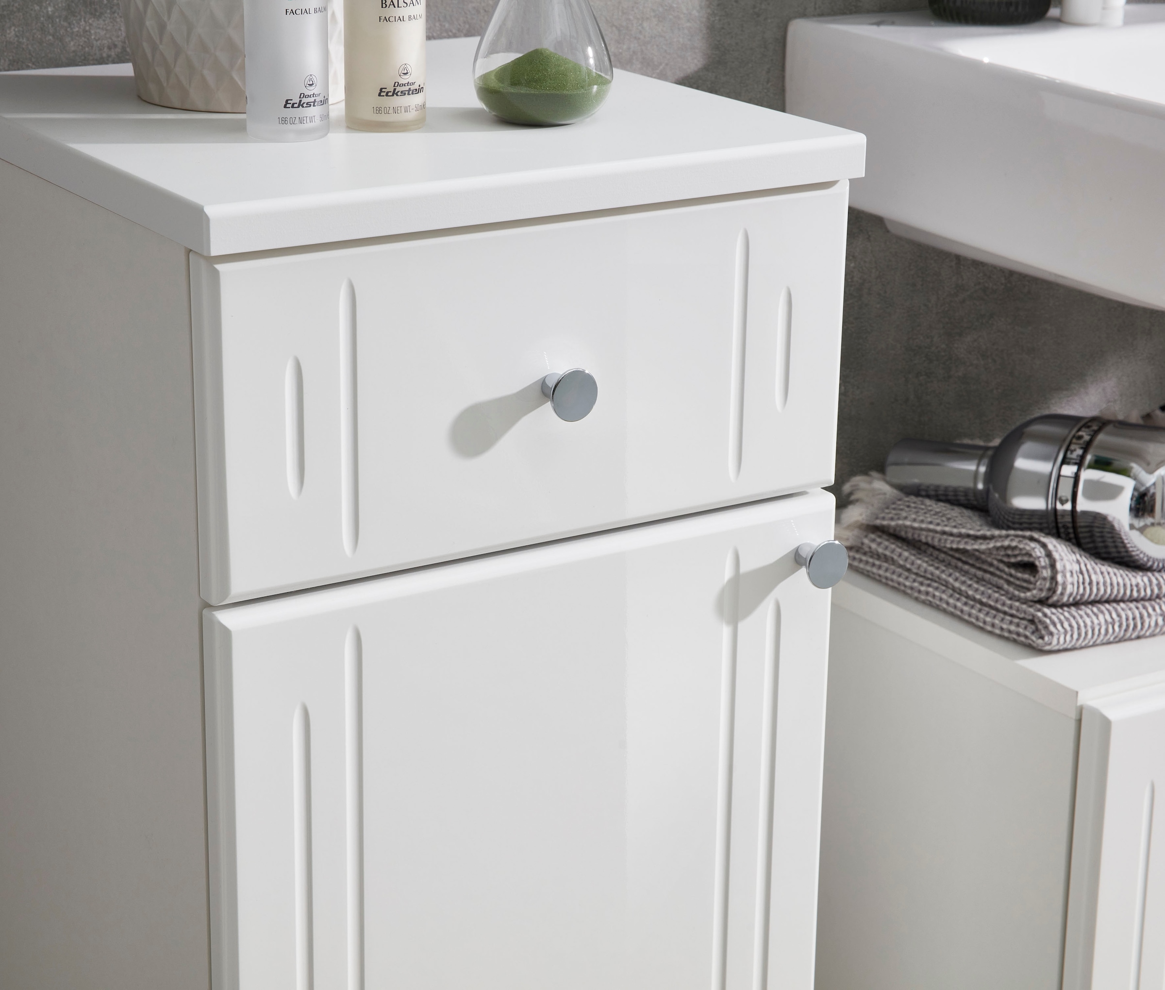 Saphir Unterschrank »Quickset 955 Badschrank mit 1 Tür, 1 Schublade, 32,5 cm breit« Badezimmer-Unterschrank in Weiß Hochglanz, Griffe Chrom Glanz