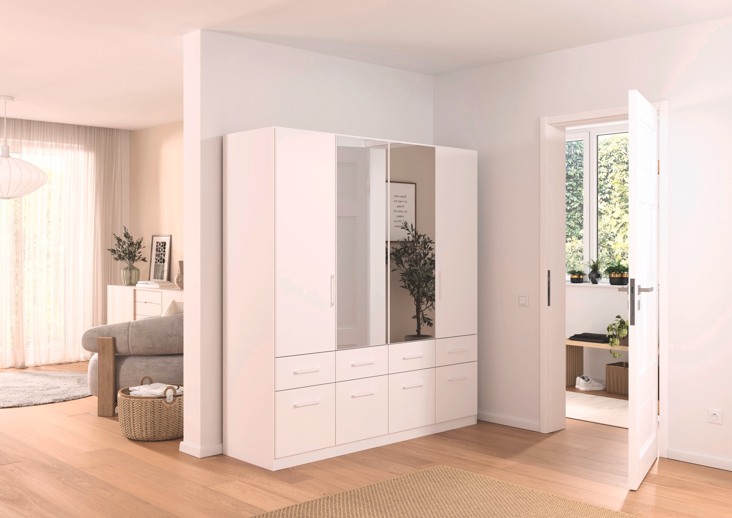 rauch Kleiderschrank »Kleiderschrank Schrank Garderobe Wäscheschrank DUNDEE«, (mit 3 Griff-Varianten), Schubladen in zwei Höhen, optional mit Spiegel MADE IN GERMANY