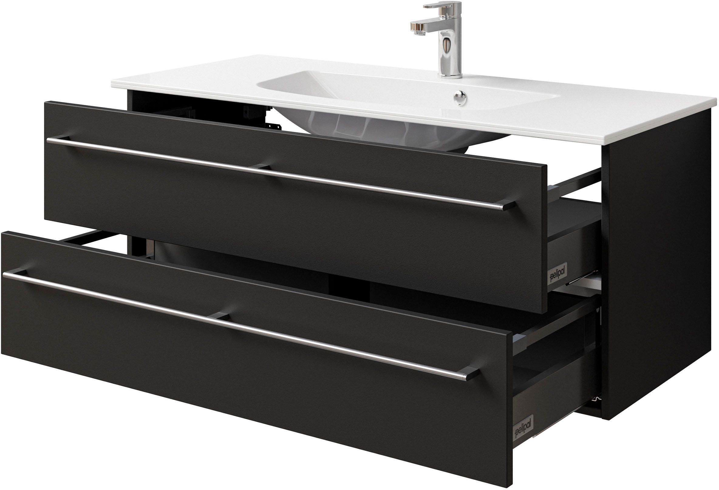 Saphir Badmöbel-Set »Serie 6025 2-teilig Mineralmarmor-Waschtisch mit LED-Spiegelschrank«, (2 St.), Waschplatz 117cm breit, 2 Schubladen, 3 Spiegel-Türen, inkl Türdämpfer