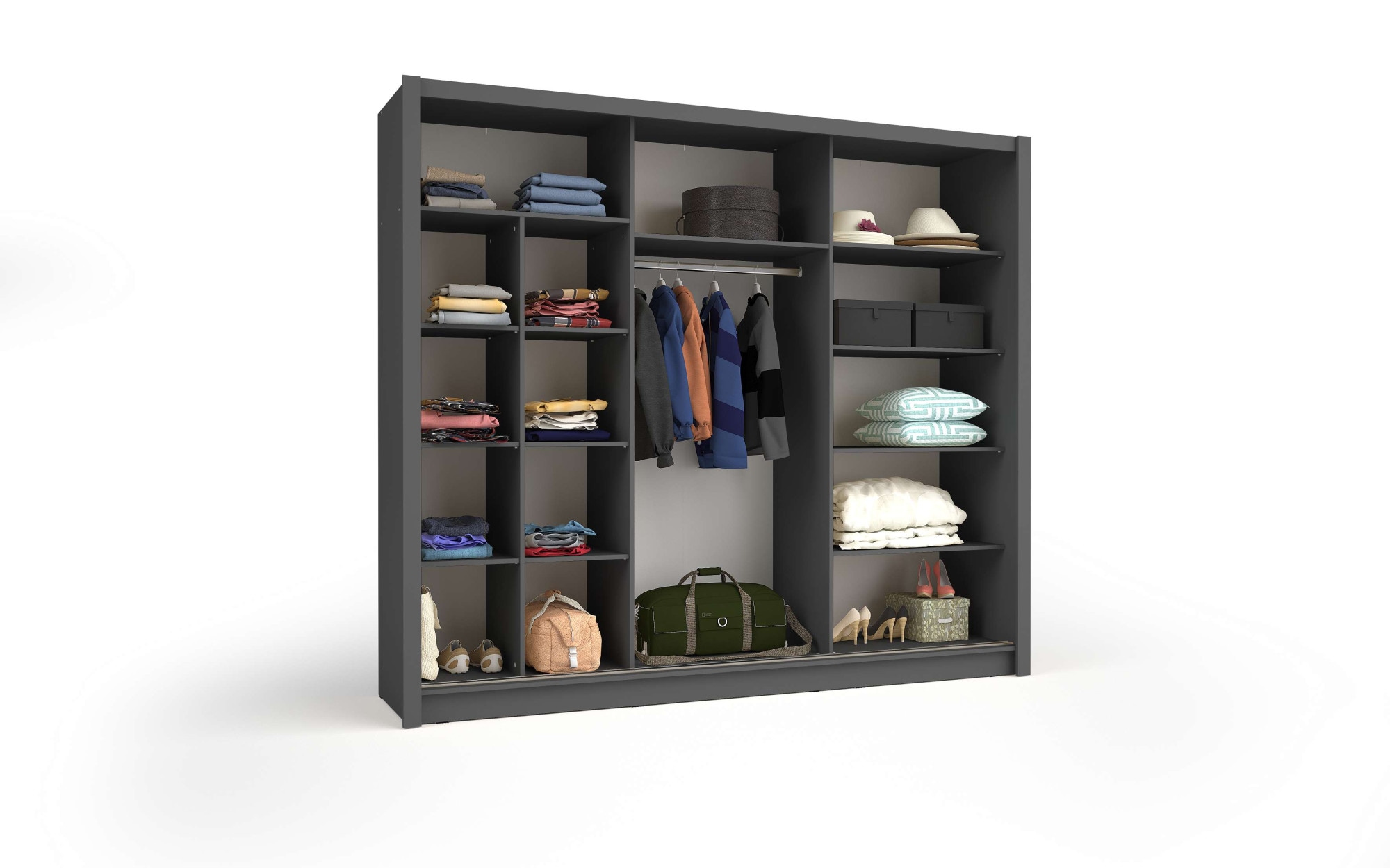 Home affaire Kleiderschrank »BELAVIEN Schwebetüren mit 15 Fächer, Kleiderstange und Spiegel« Garderobe mit 3 Schwebetüren und Spiegel, Maße B/T/H: 247,8/61,6/215