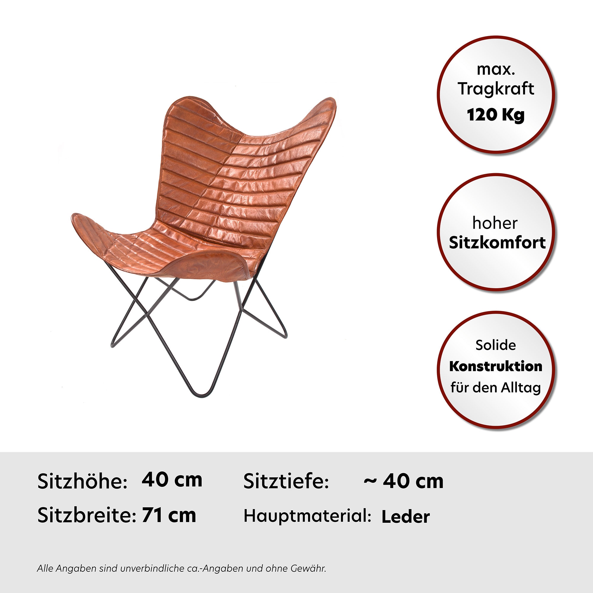 Kayoom 4-Fußstuhl »Schmetterling Stuhl Santiago, Schmetterlingsstuhl aus Leder«, 1 St., pflegeleicht, hochwertig, hochwertig verarbeitet, hoher Sitzkomfort