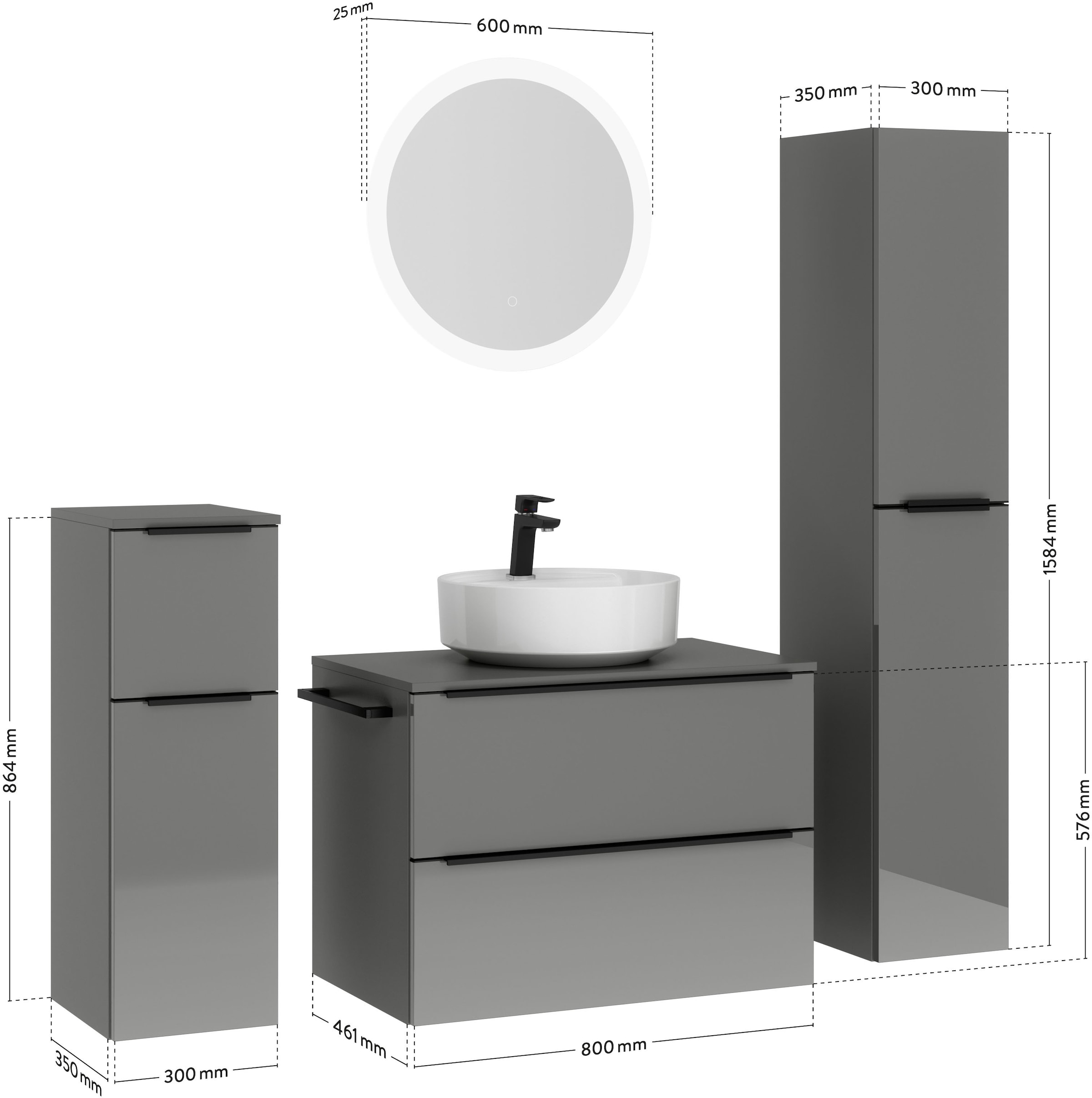 nobilia® Badmöbel-Set »Alvene«, (4 St., vormontiert, mit Soft-Close), Hochglanz, inkl. Spiegel mit Touch-Sensor, in vier Breiten