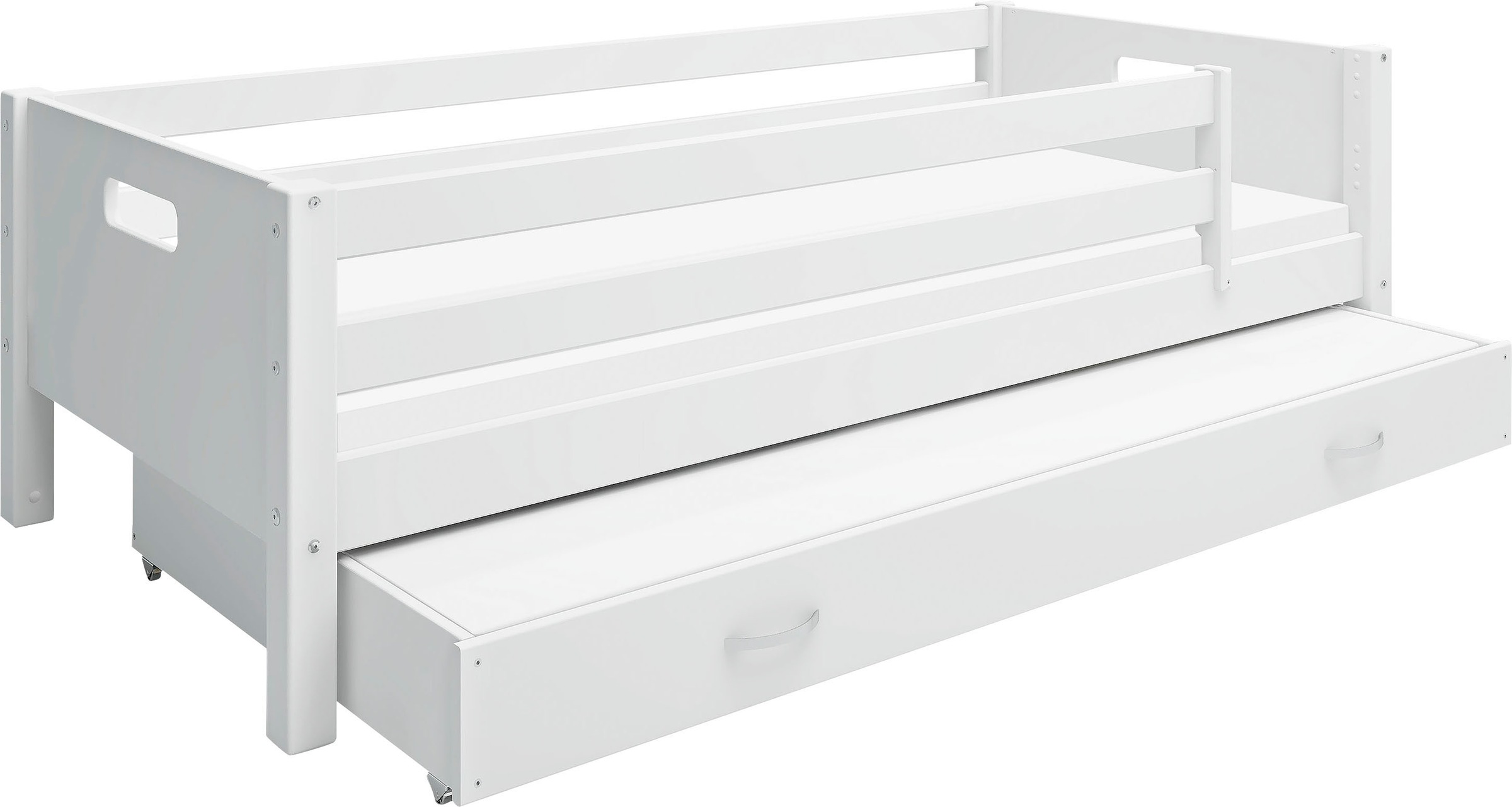 Einzelbett, Nordic produziert bei Flexa, incl Rollrost, weiß + weiß + weiß Hintere Absturzsicherung in Kiefer-Absturzsicherung vorne in Kiefer-Ausziehbett