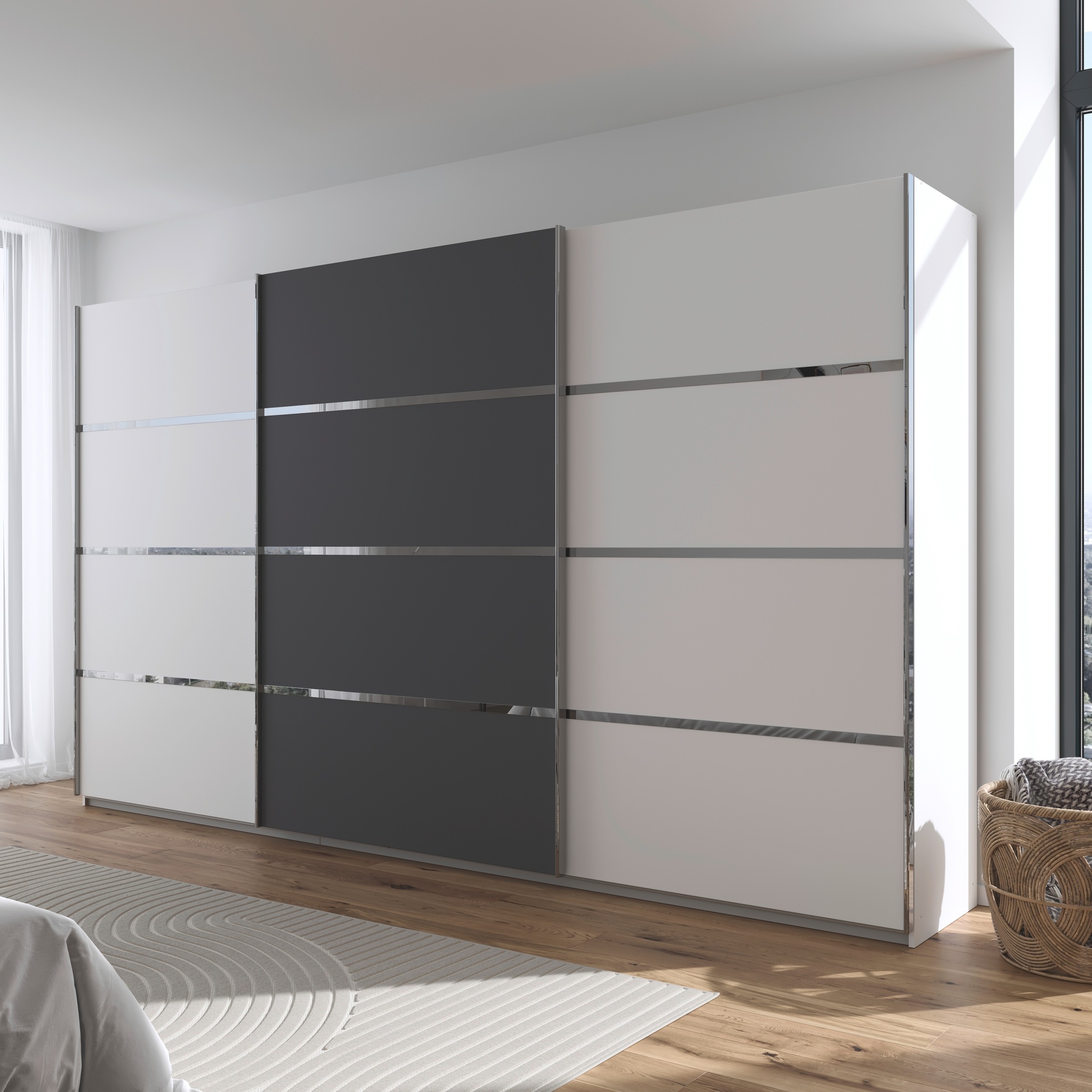 rauch Kleiderschrank »Schwebetürenschrank OTTO´s Choice Garderobe Schrank TOP ANGEBOT Avola«, (in 3 verschiedenen Ausstattungen BASIC/CLASSIC/PREMIUM), mit eleganten Zierleisten in Chrom, Schwarz oder Weiß MADE IN GERMANY