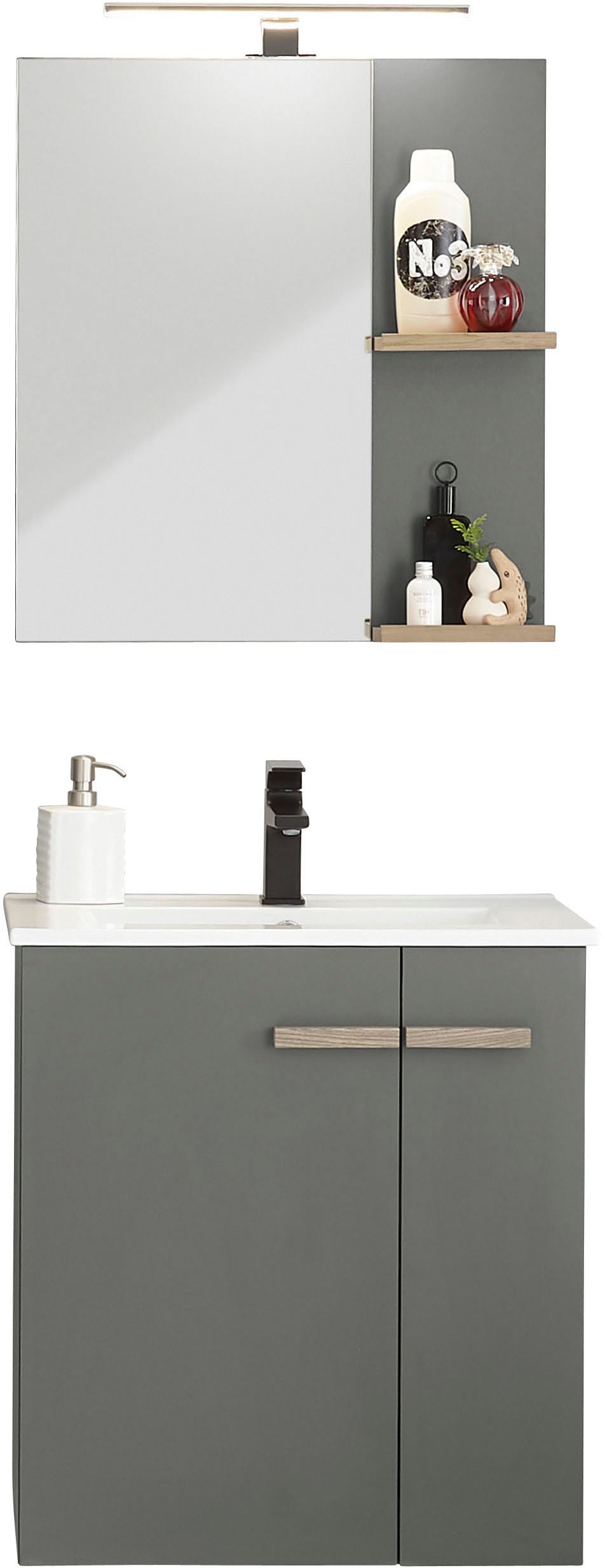 Places of Style Badmöbel-Set »SOLiD, Badmöbel-Set, Bad im modernen Design, 2-teiliges Badezimmer«, (2 St.), Waschtisch mit Waschbecken, Spiegel, Aufbauleuchte, Breite 60 cm