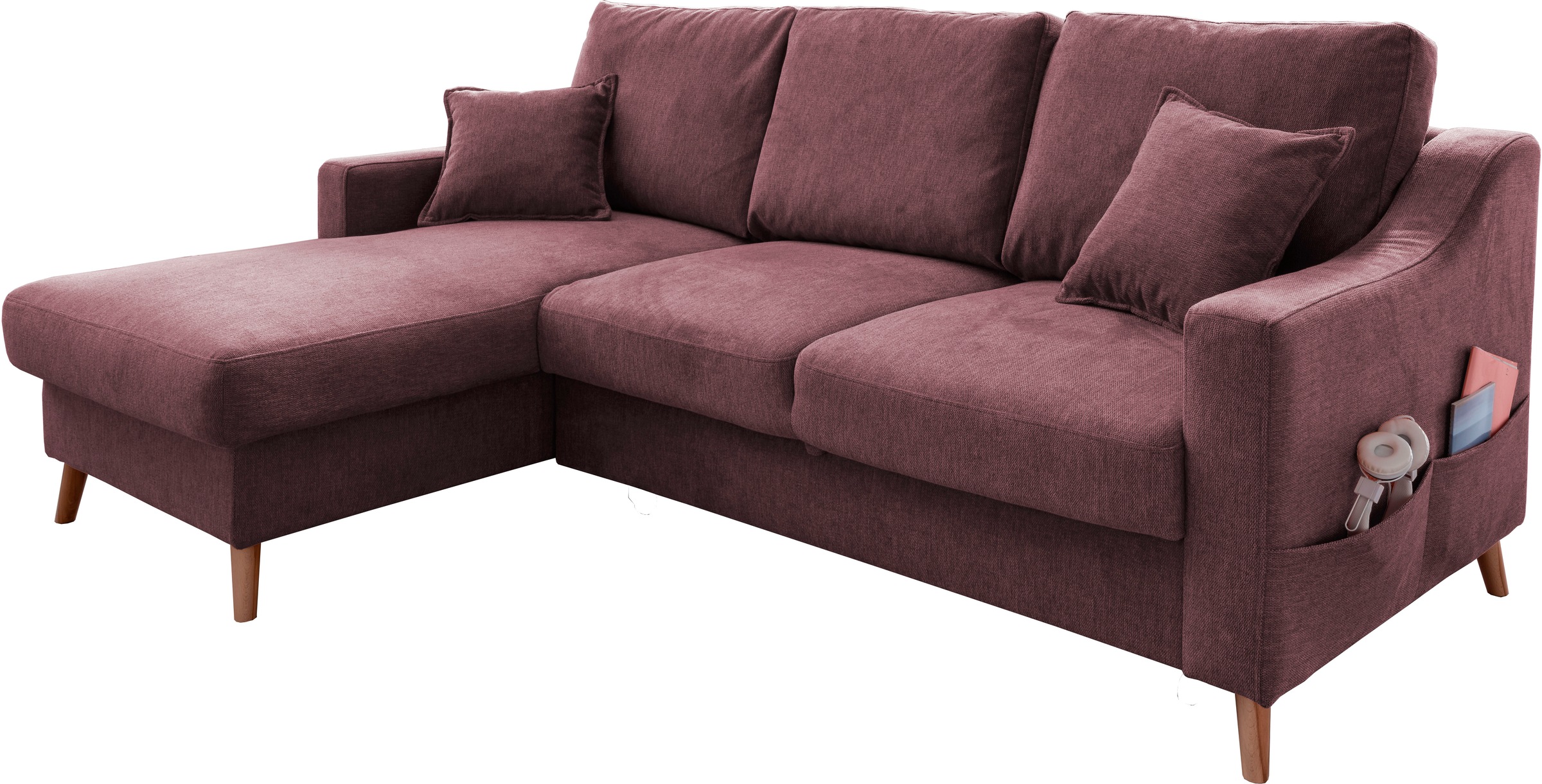 INOSIGN Ecksofa »Valentina L-Form«, 2 Zierkissen, mit Seitentasche, ausziehbarer Liegefläche, Bettkasten