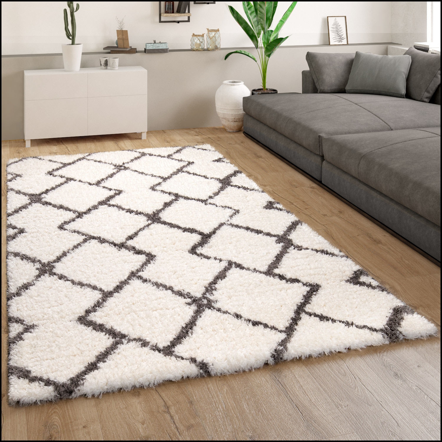 Paco Home Hochflor-Teppich »Maghreb 76«, rechteckig, 44 mm Höhe, modernes Gitter Design, weich und flauschig