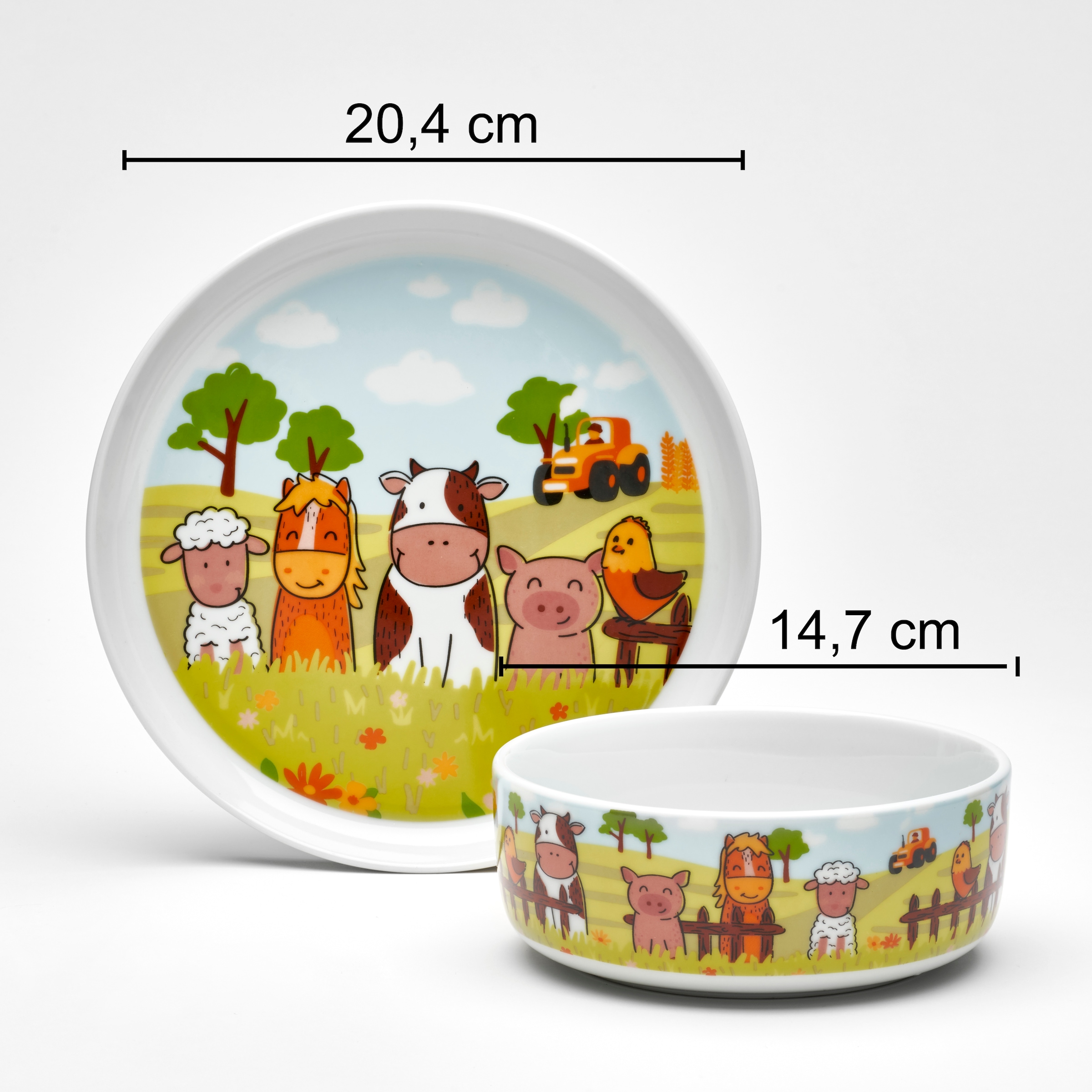 van Well Kindergeschirr-Set »Kinderset Bauernhof, 3-teilig, Geschirr-Set, Service«, (Set, 3 tlg.), mit farbenfrohem Dekor, spülmaschinen- und mikrowellengeeignet