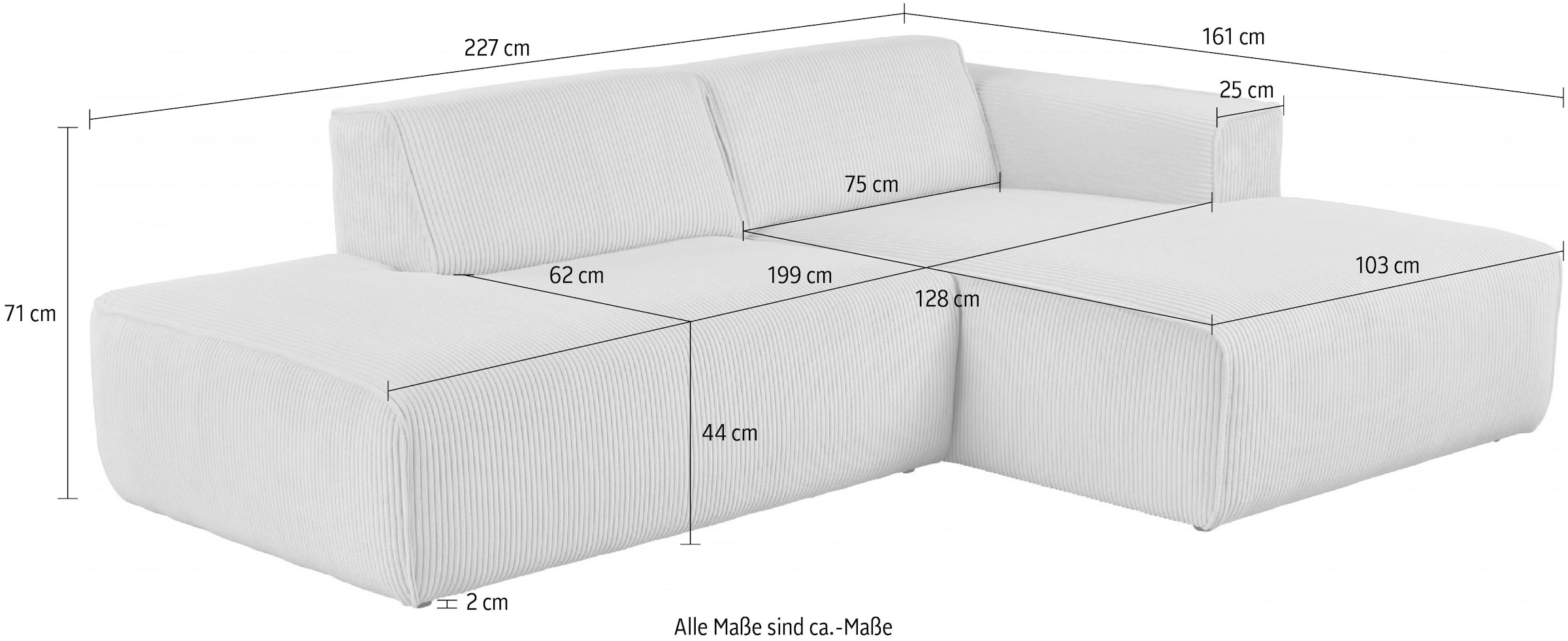 andas Ecksofa »Noord«, mit Kedernaht, Breite 227 cm, Cord, Struktur