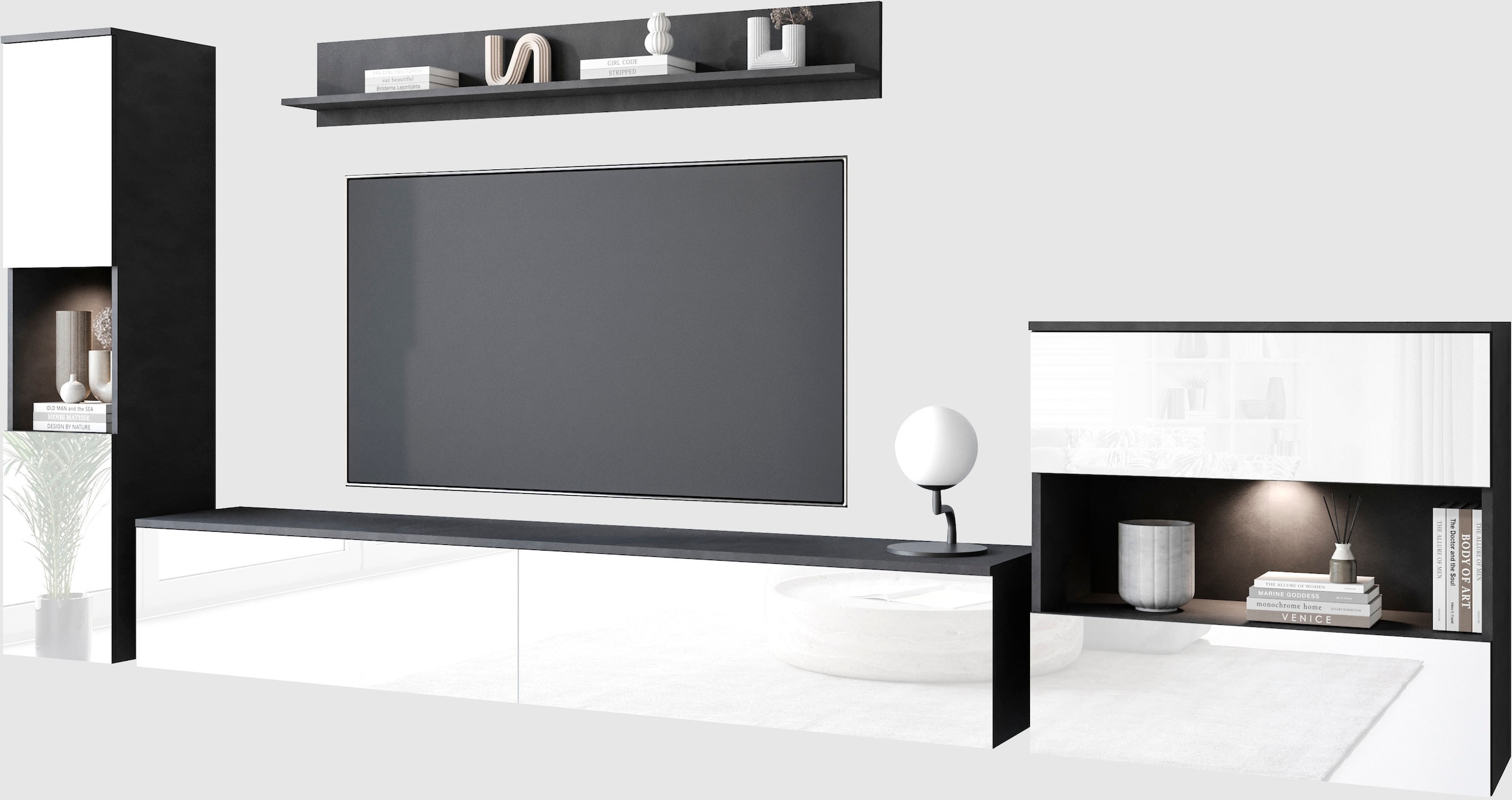 INOSIGN Wohnwand »PARIS«, (Komplett-Set, 4 St.), TV-Wand 300cm breite, grifflose Design, stehend und hängend montierbar