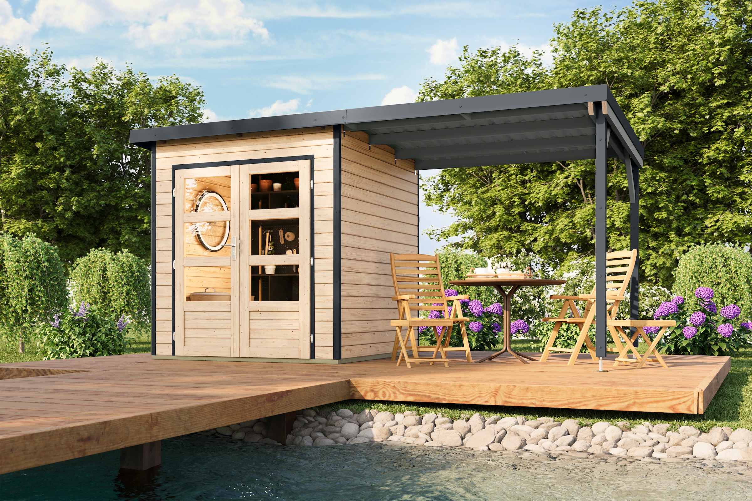 Karibu Gartenhaus »Plutino 1  SET, in verschiedenen Farben« inkl. Anbaudach