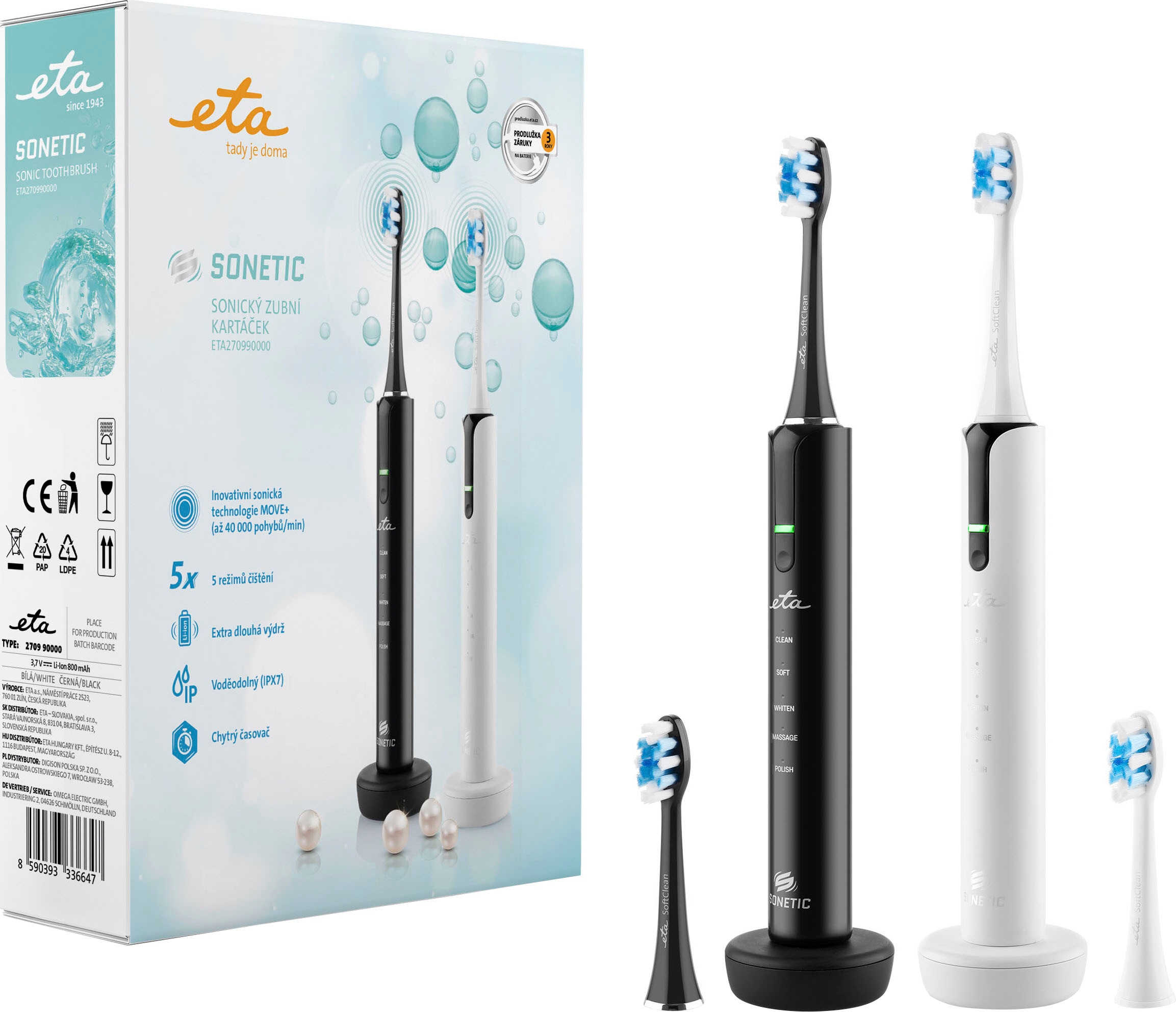 ETA Schallzahnbürste »Sonetic 270990000« 4 Stk. Aufsteckbürsten Innovative Schalltechnologie MOVE+ (bis zu 40.000 Bewegungen/Minute) schwarz und...