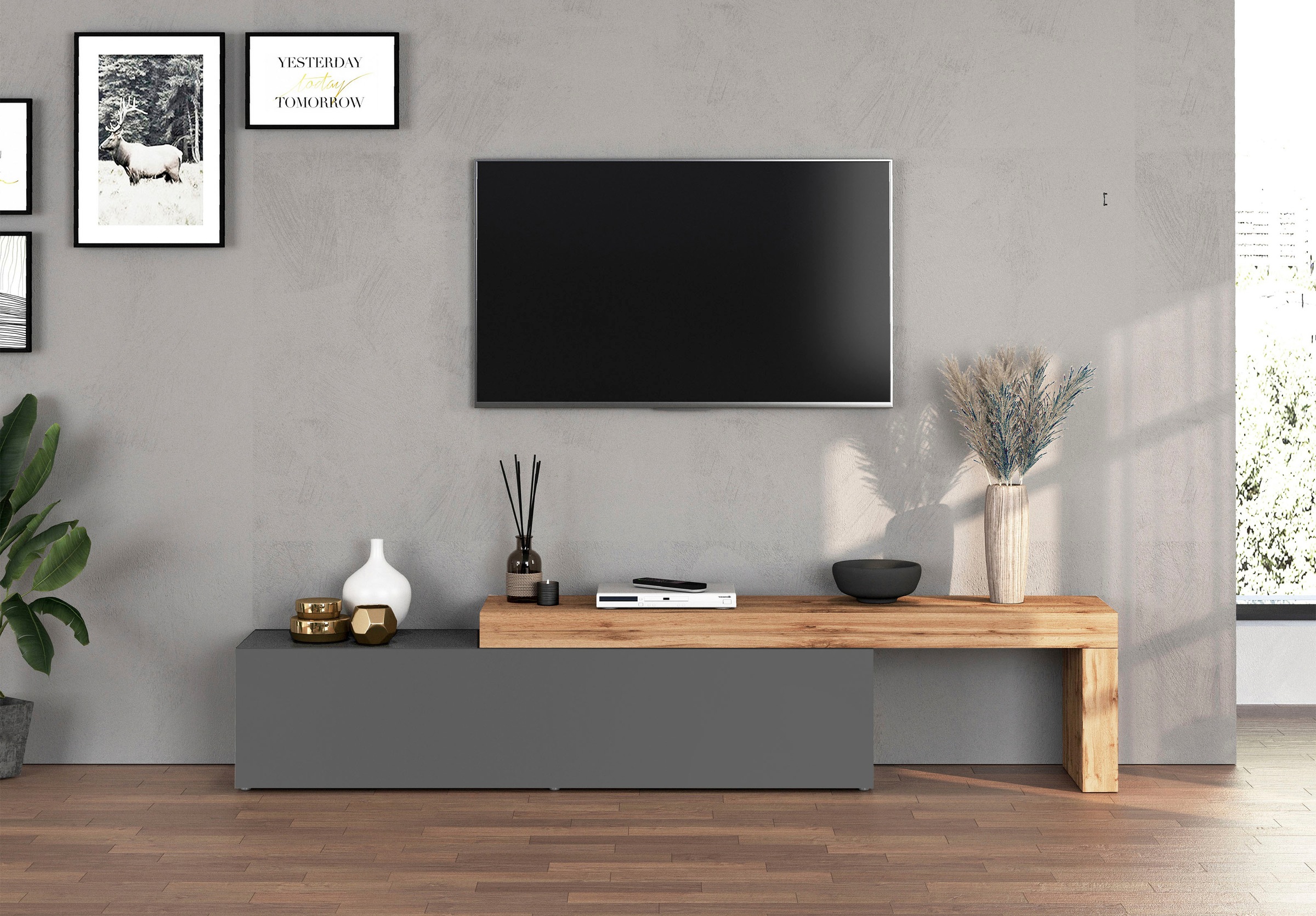 INOSIGN Lowboard »Chronos TV-Board, TV-Schrank«, (1 St., Breite verstellbar von 190 bis 350 cm), Breite 270 cm TV-Board,Lowboard,1 Klappe und ein L-Förmiger Aufsatz