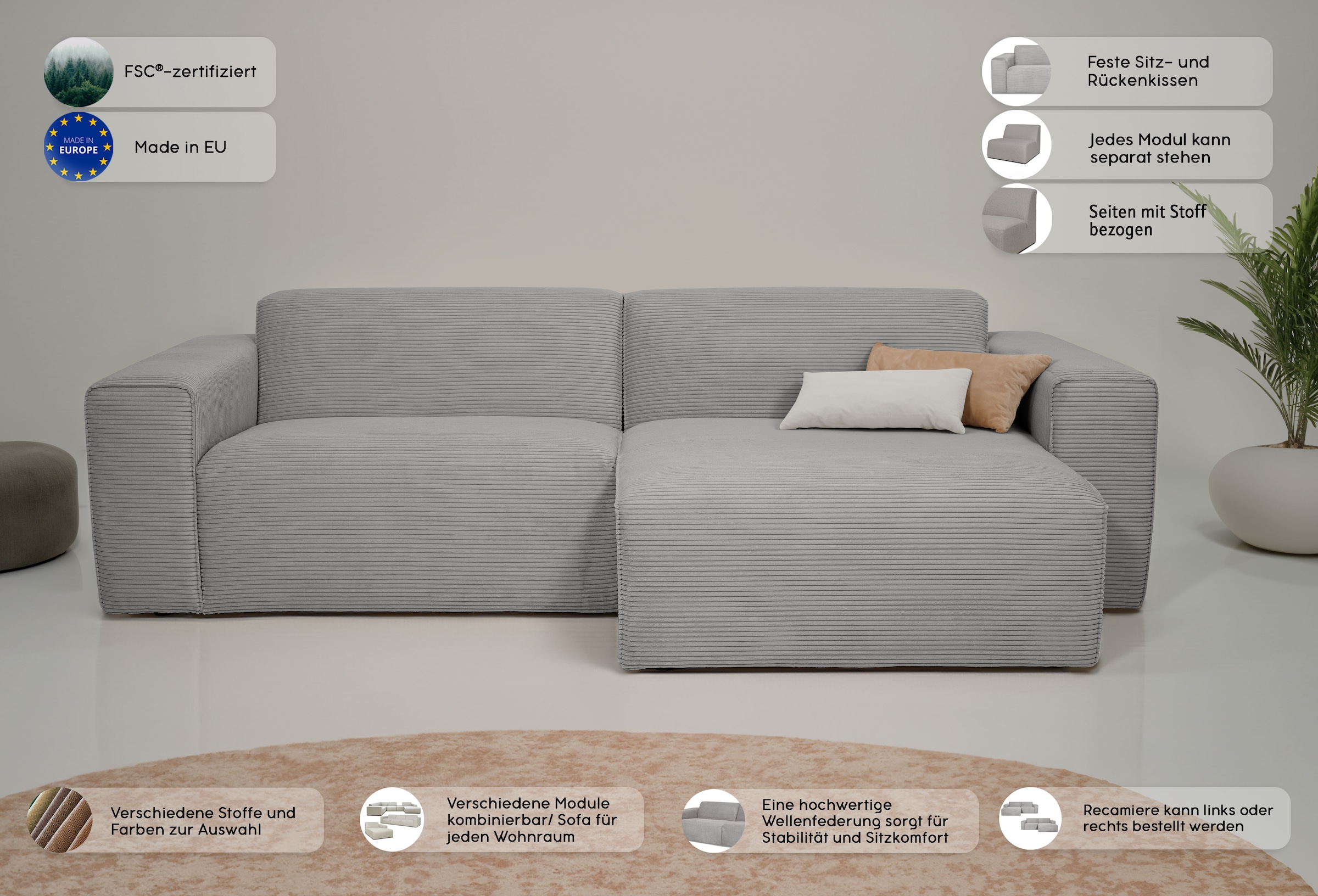 INOSIGN Ecksofa »Koa,228cm, L-Form, Modulsofa, Webstoff, Cord«, Designsofa, weicher Lounge-Sitzkomfort, Welleunterfederung, bodentief