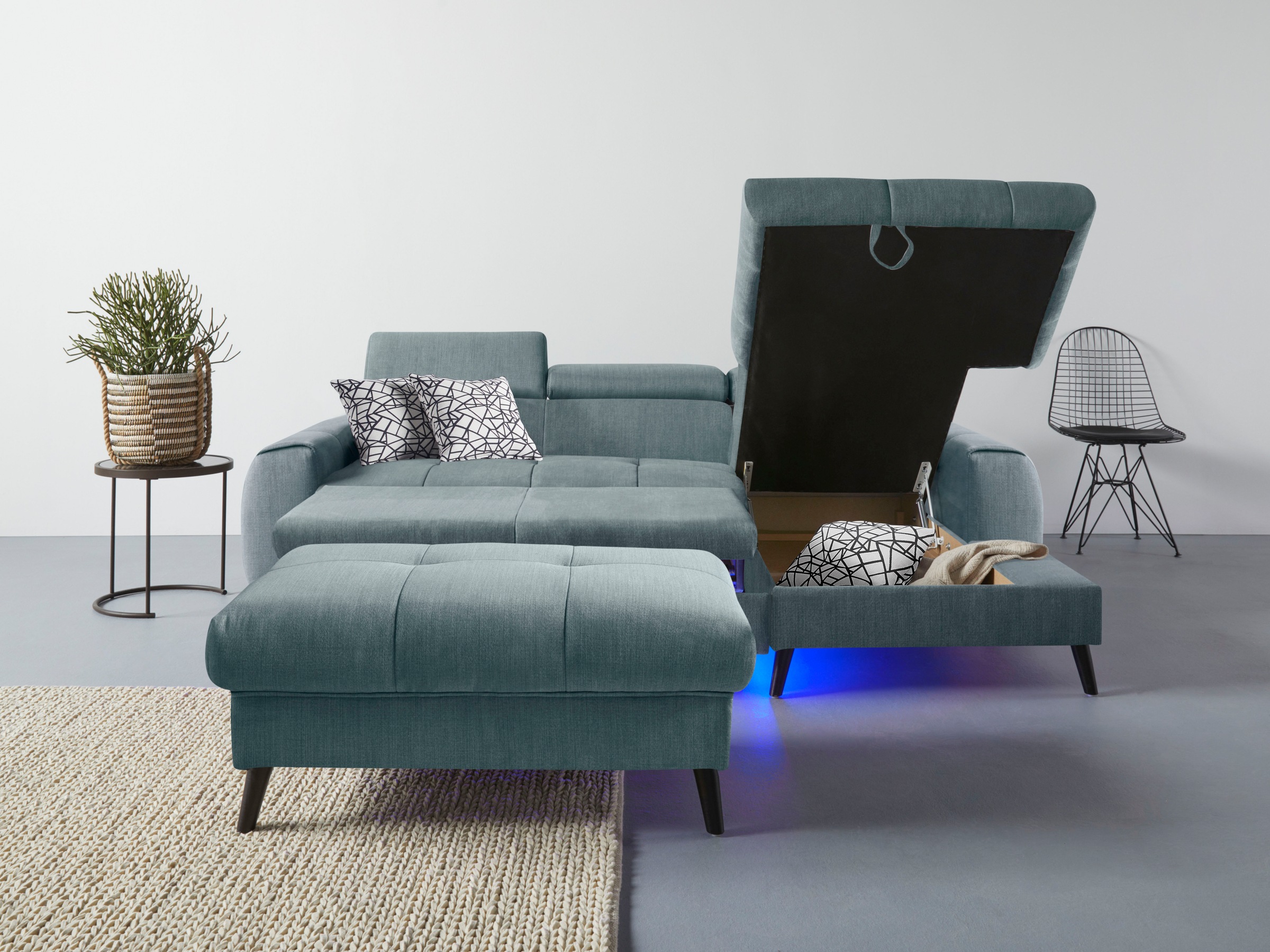 COTTA Ecksofa »Mia L-Form mit 3 Zierkissen«, wahlweise mit Bettfunktion, Bettkasten, Beleuchtung & Wireless-Charger