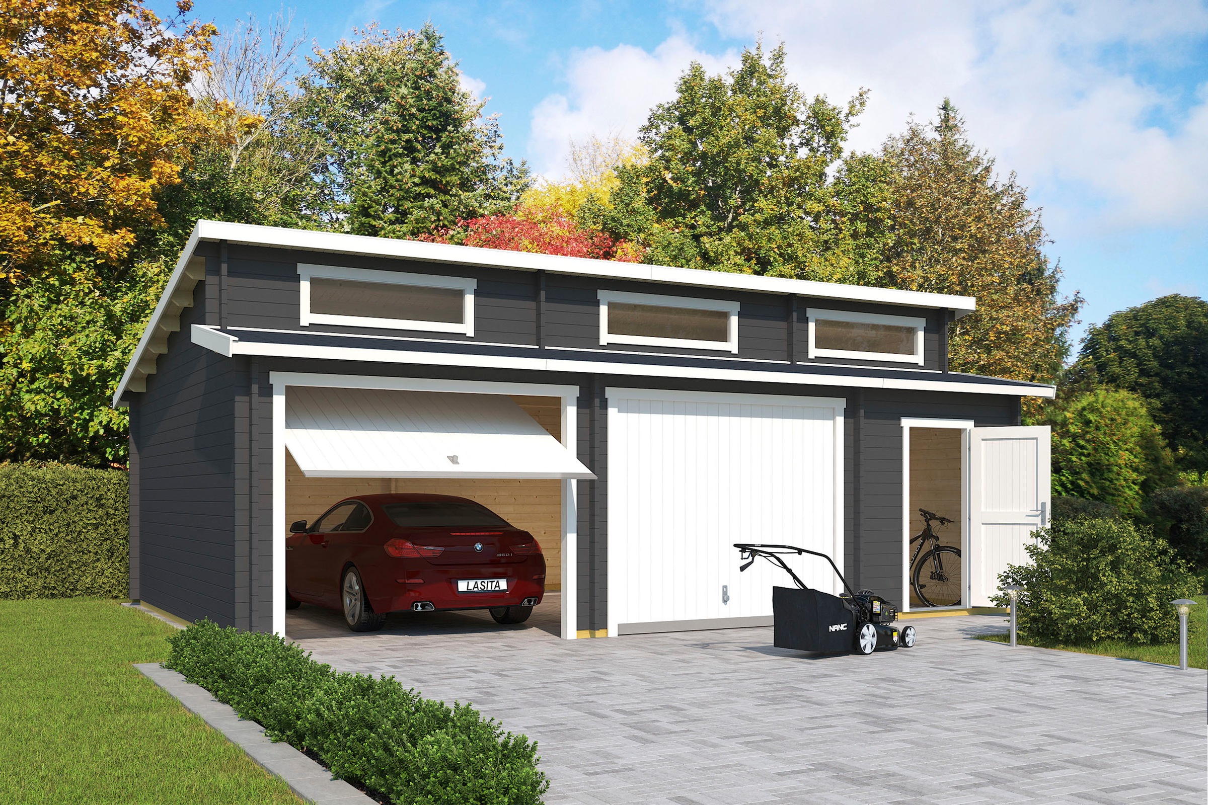 LASITA MAJA Garage »Hawaii«, (Set, für 2 Fahrzeuge geeignet), Garage + 2 Schwingtoren
