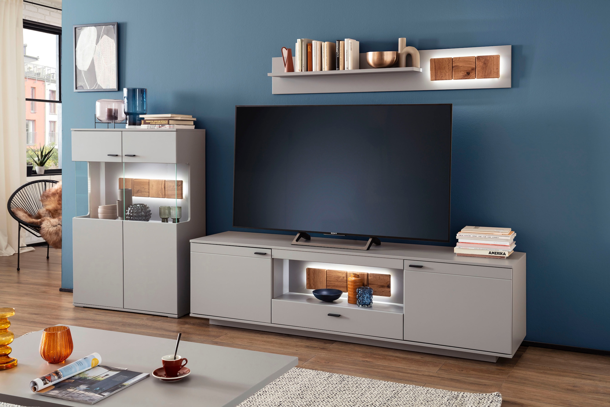 MCA furniture Wohnwand »Zadar«, (3 St.), moderne Wohnwandkombination in Arktis Grau, wahlweise mit Beleuchtung