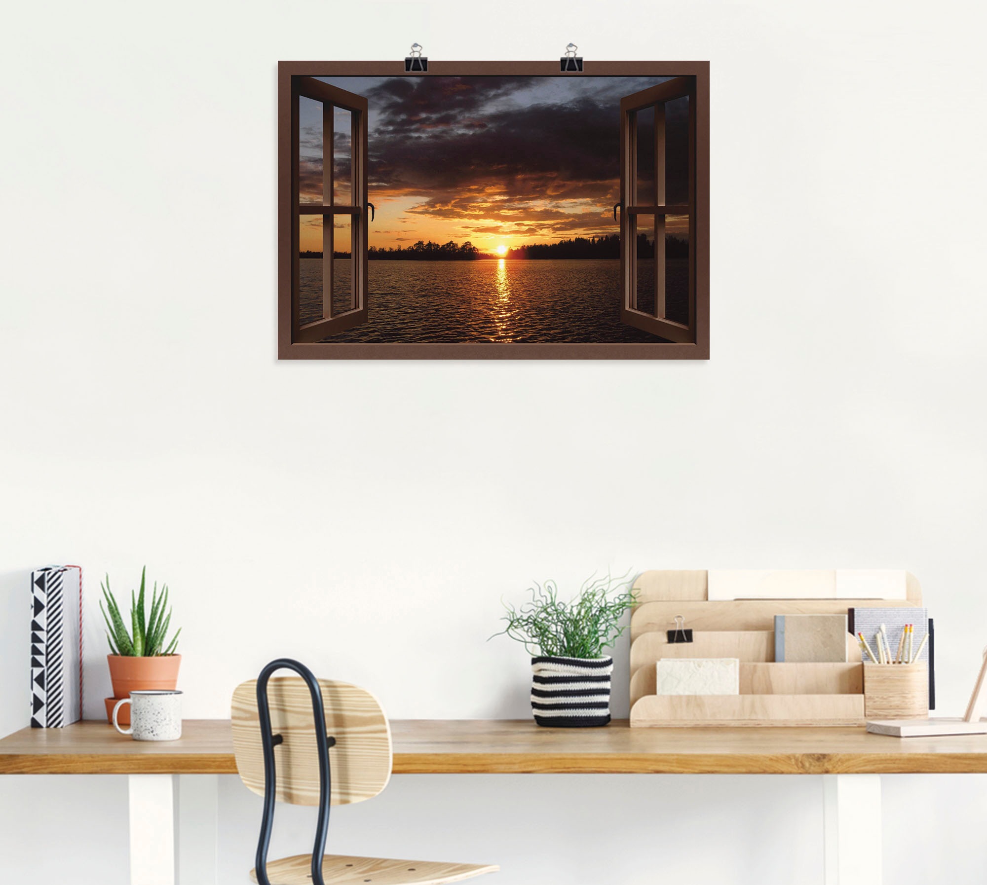 Artland Wandbild »Sonnenuntergang am See mit Fenster«, Seebilder, (1 St.),  als Alubild, Leinwandbild, Wandaufkleber oder Poster in versch. Größen  online bestellen
