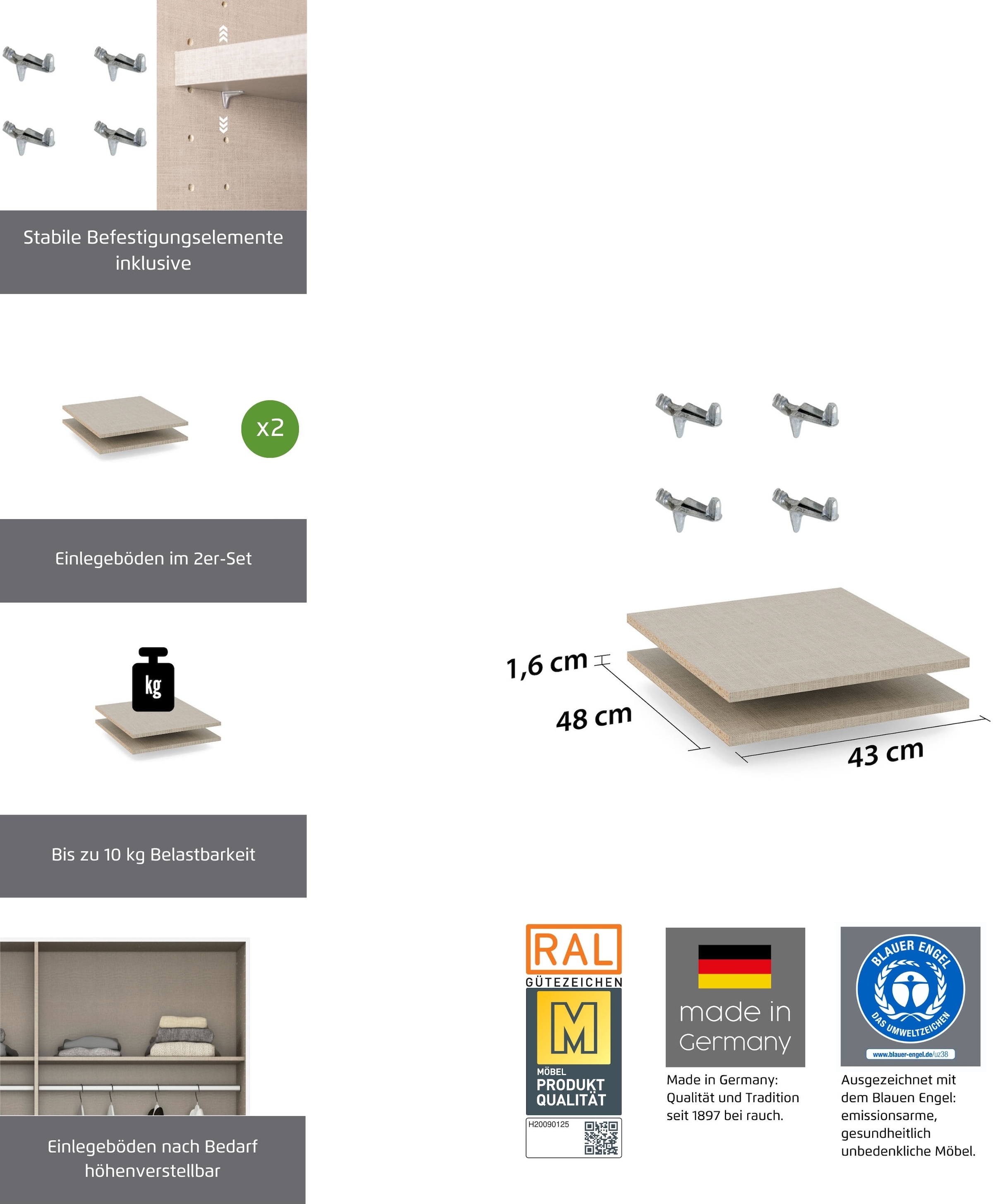 rauch Einlegeboden »Zubehör für Rauch-Schwebetürenschränke ORANGE« 2er-Set Breite 43 cm, Tiefe 48 cm