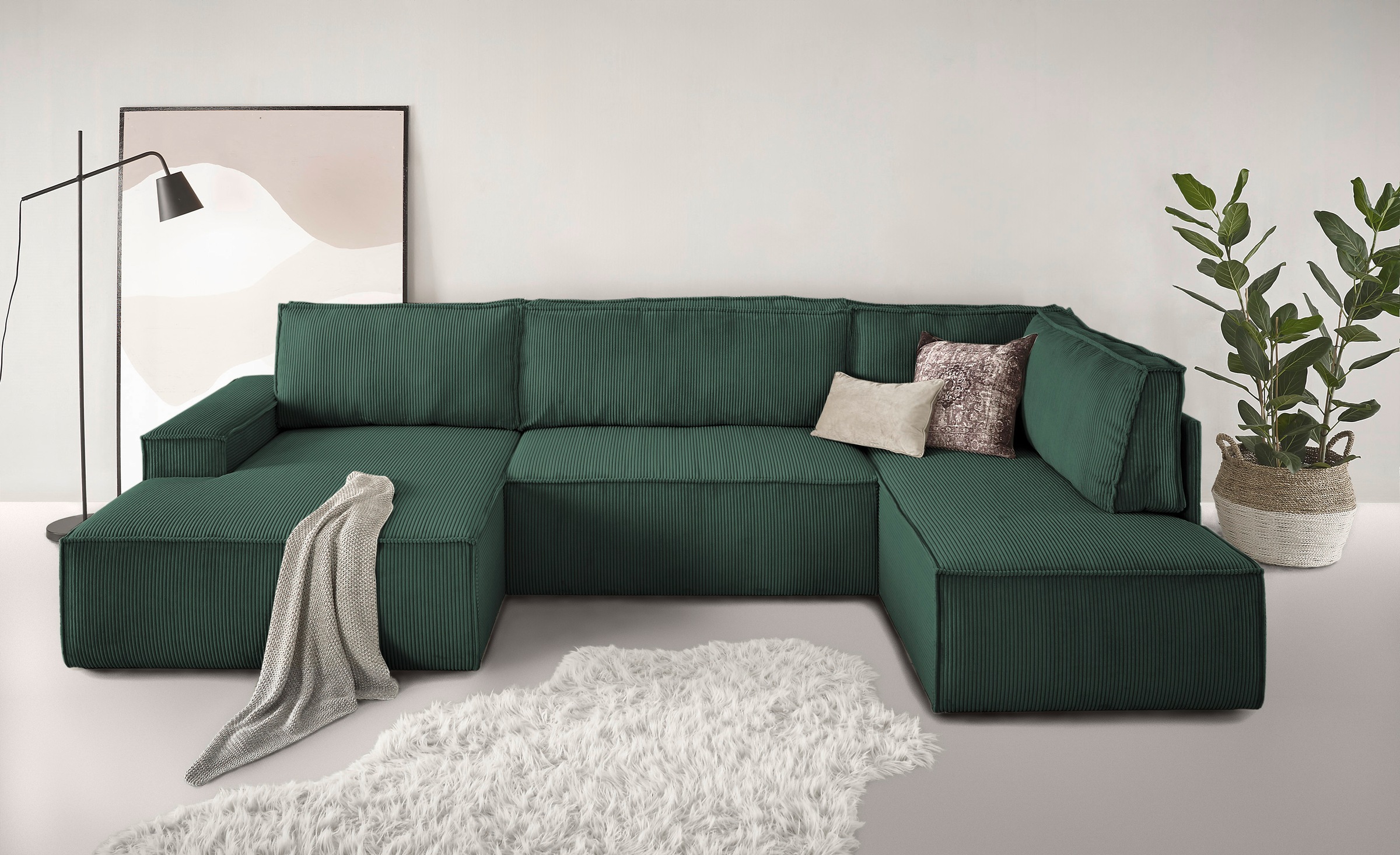 Home affaire Wohnlandschaft »SHERWOOD 329 cm, U-Form, Schlafsofa,«, Schlaffunktion m. Bettkasten (194x139 cm), Cord, Vintage, Samtvelours